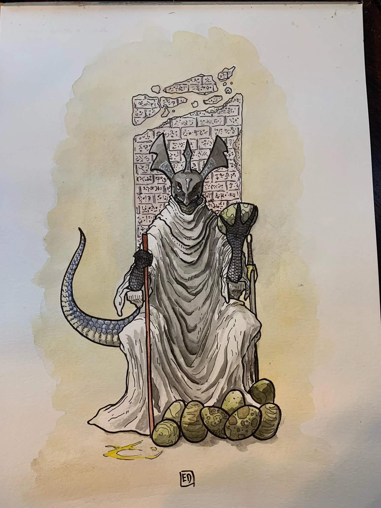 Watercolor and ink on paper. 