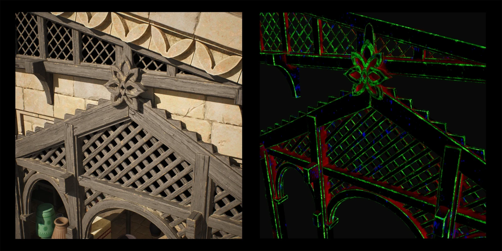 RGB masks were used to add collected sand in corners, edge wear, and dirt specks over the wood elements in the scene.