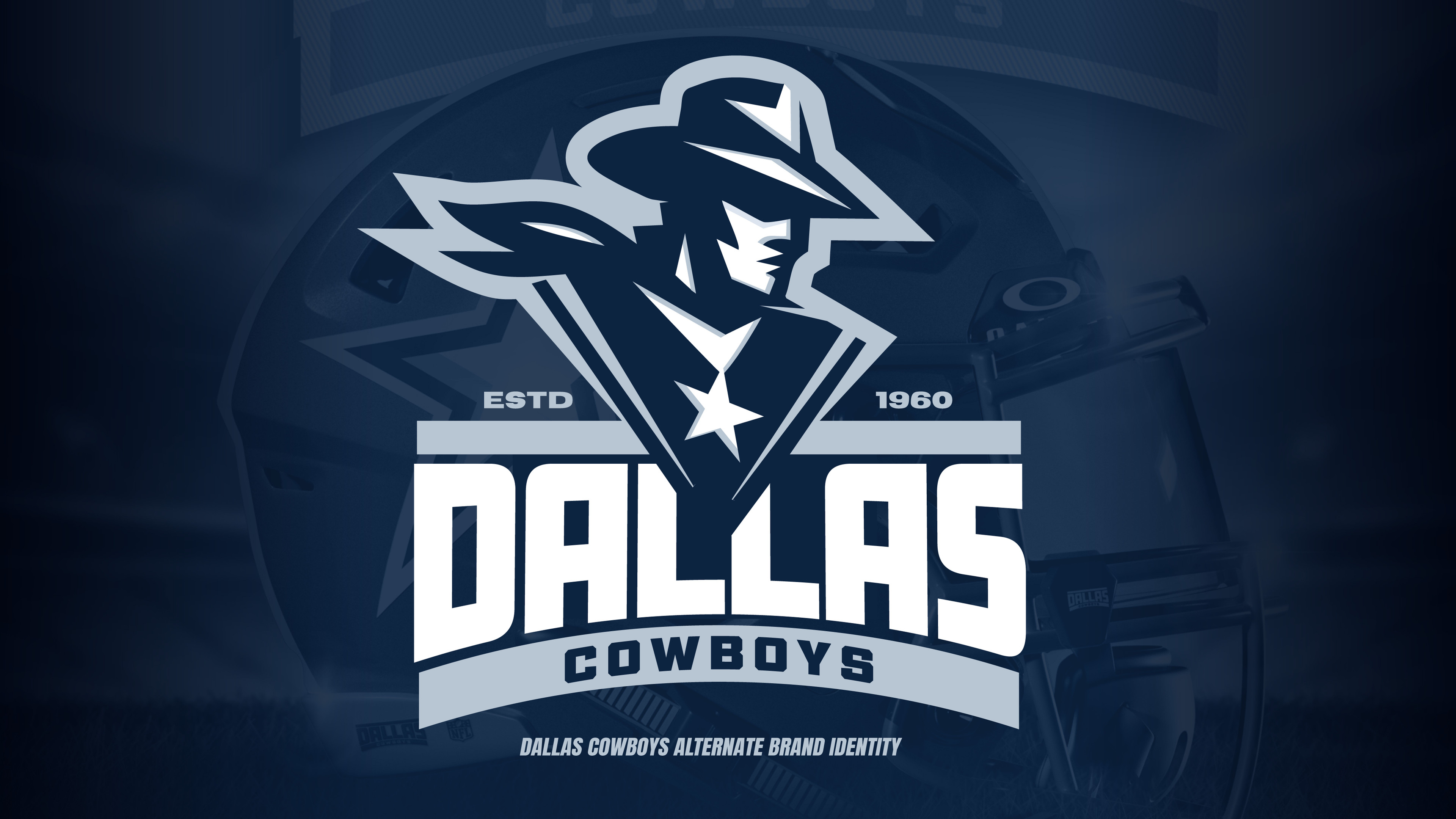 A bold alternate Dallas Cowboys identity introduced through a cinematic hero mark - establishing scale, confidence, and a modernized presence before expanding into the full system