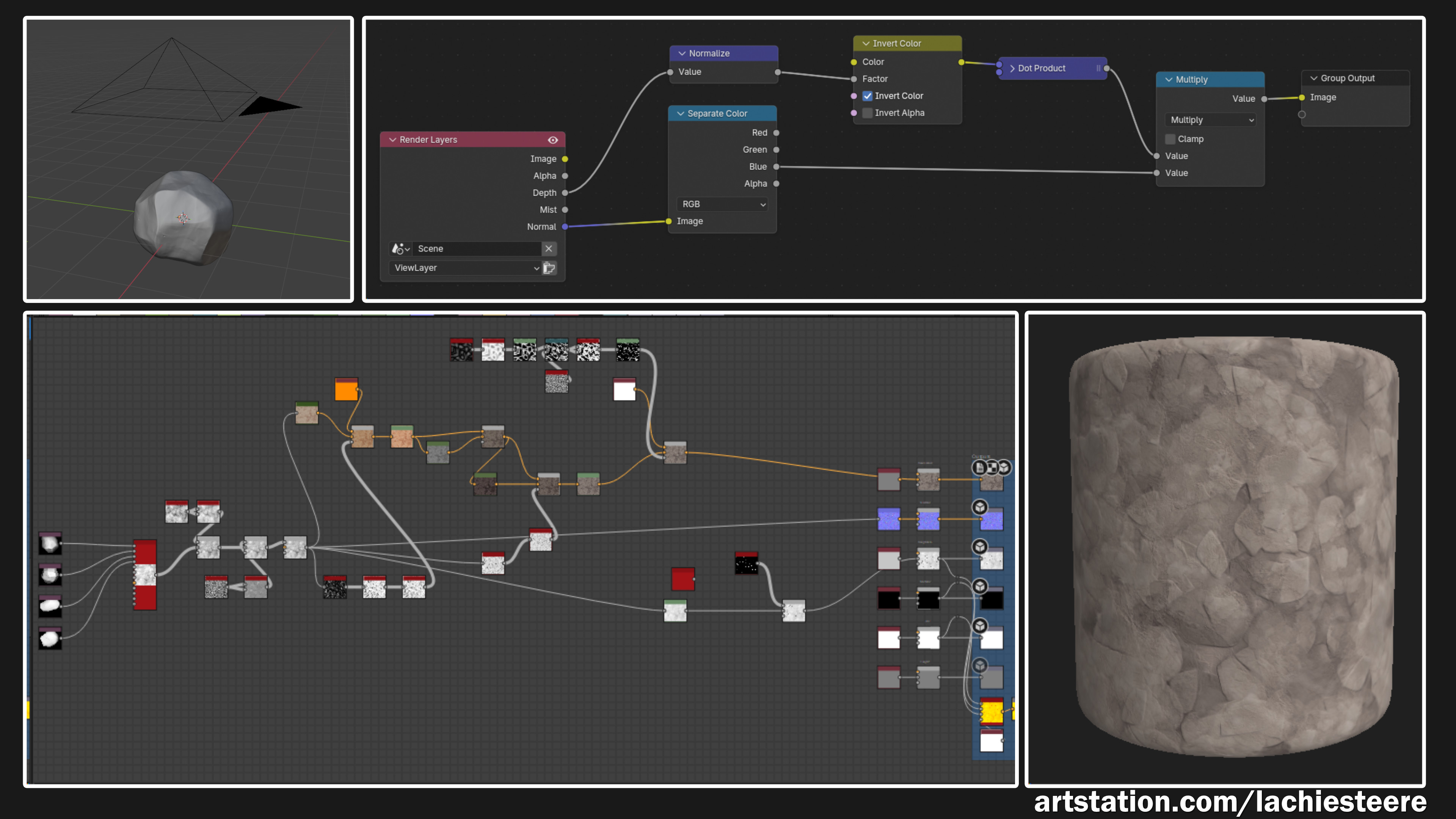 Landscape Tileable made by rendering height layers from the high poly rocks and smashing them together in substance designer