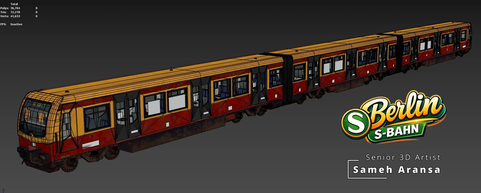 Complete train 3 cars - Wireframe - polycount