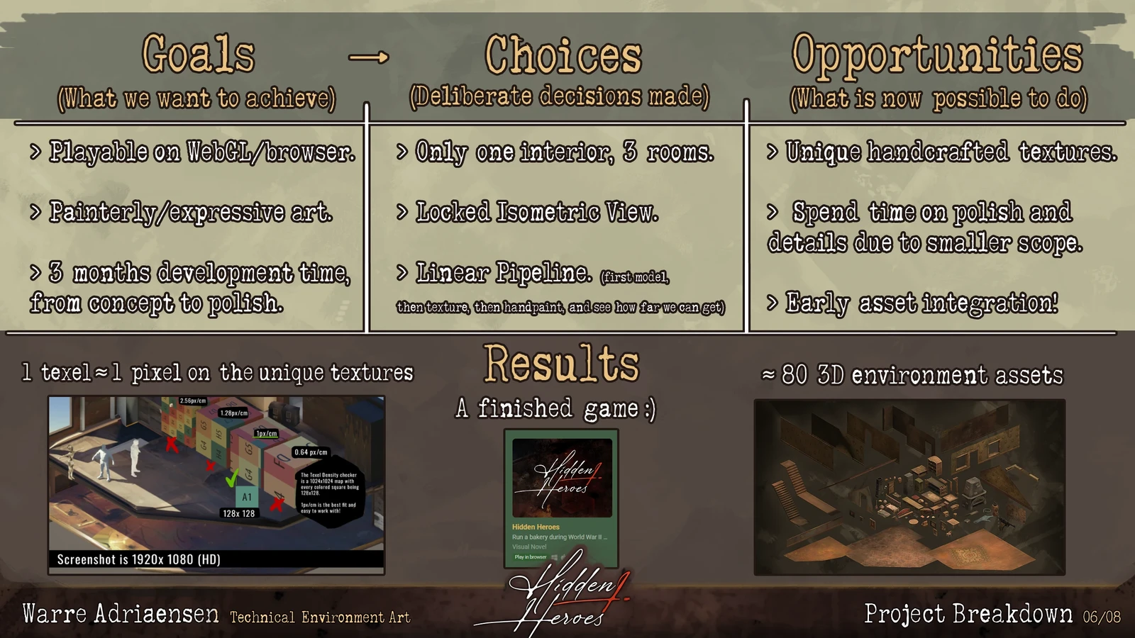 All steps of creating the environment and assets were deliberate choices. The final game runs in the browser of low-end laptops, so performance was very important. As well as managing scope as the main and only "full-time" 3D artist.