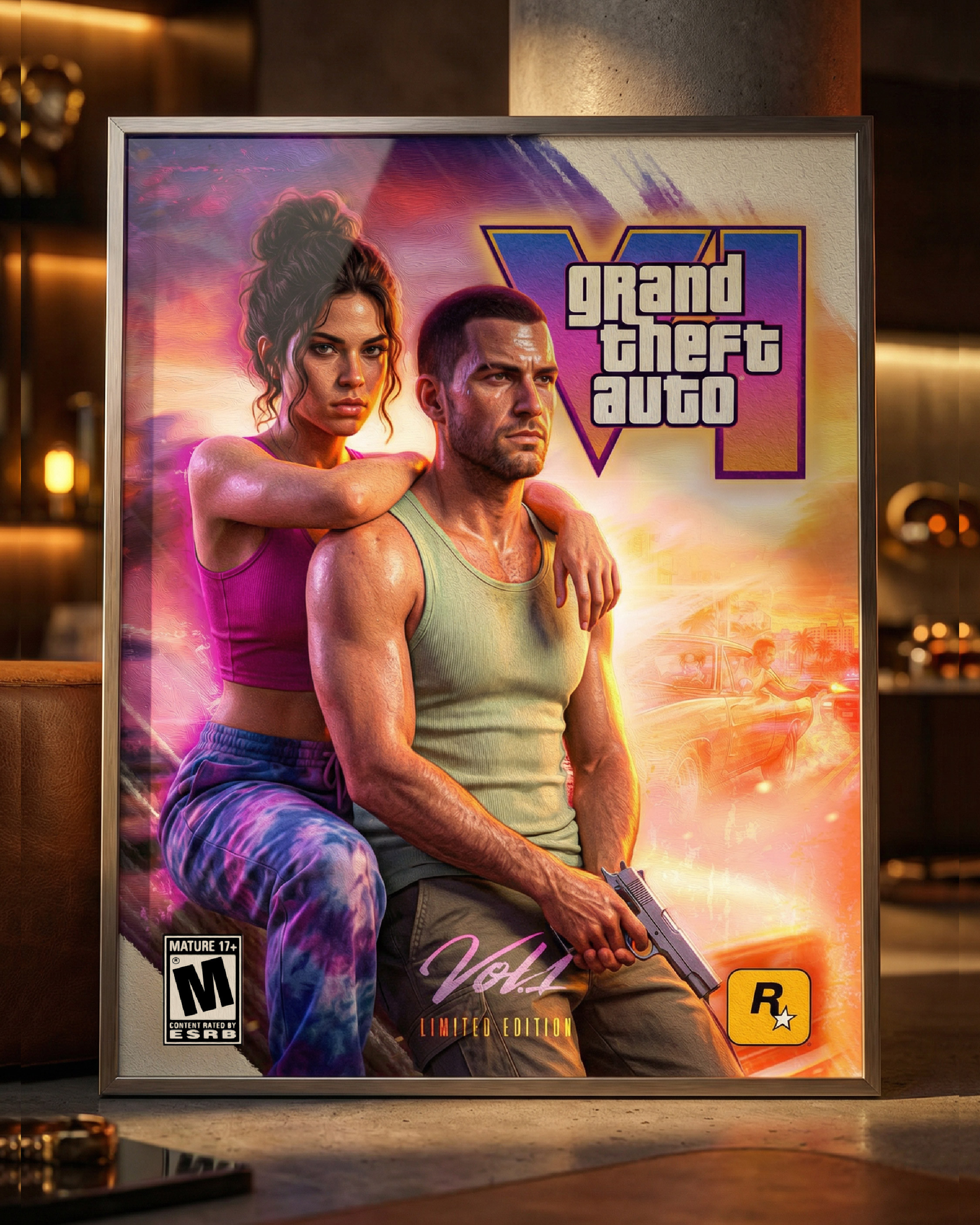 An imagined collector-style framed display, positioning the artwork as both promotional key art and a premium physical piece