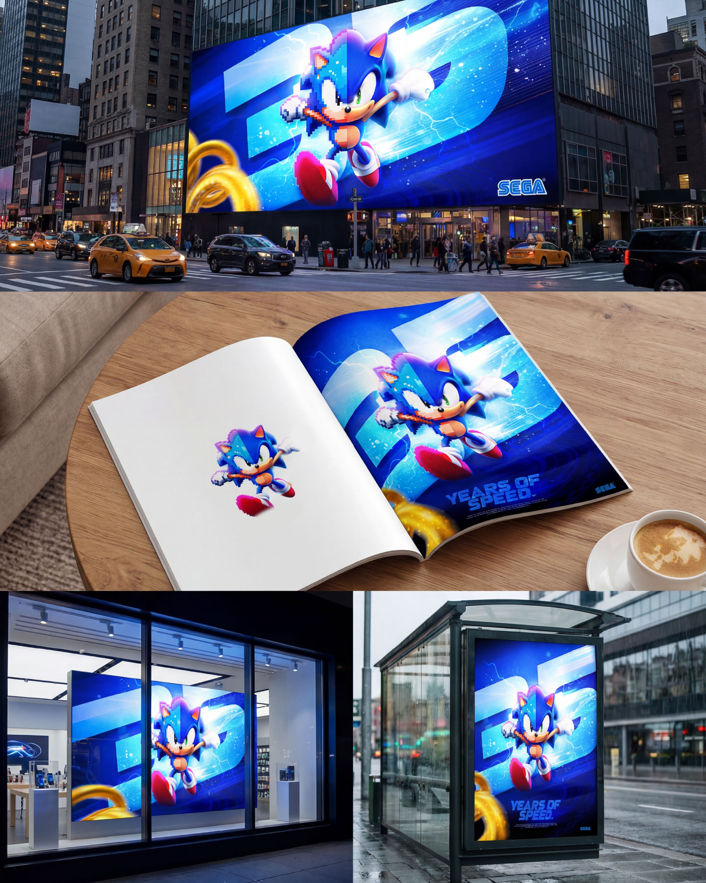Wide-angle city deployment showing the artwork scaled across billboards, street-level displays, and print placements