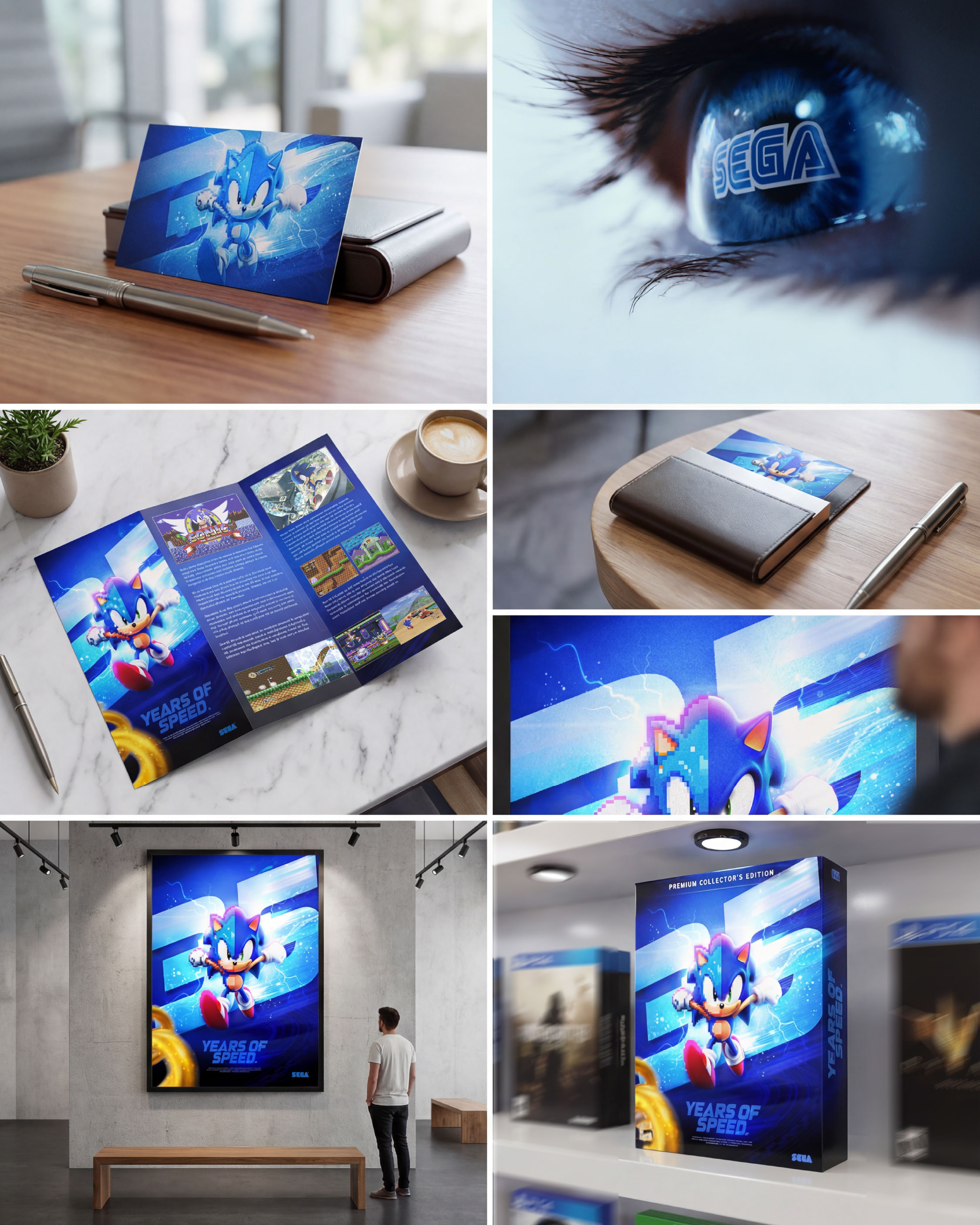 A collage of campaign touchpoints including digital, print, environmental, and retail applications working as one cohesive system