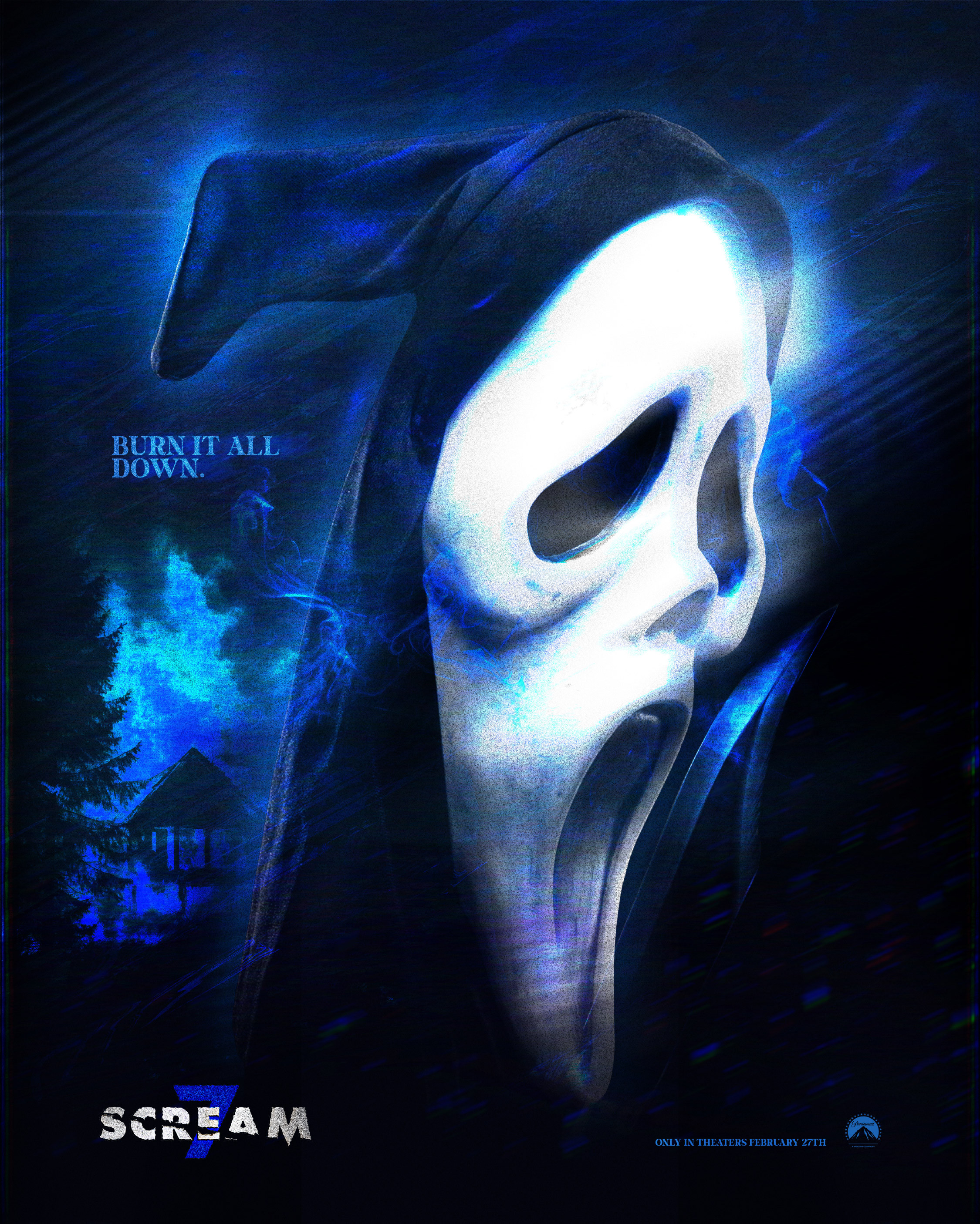 The core theatrical poster. Ghostface isolated in darkness, rendered with cold blue tones and subtle motion distortion to heighten tension. Minimal copy allows the imagery to breathe and unsettle
