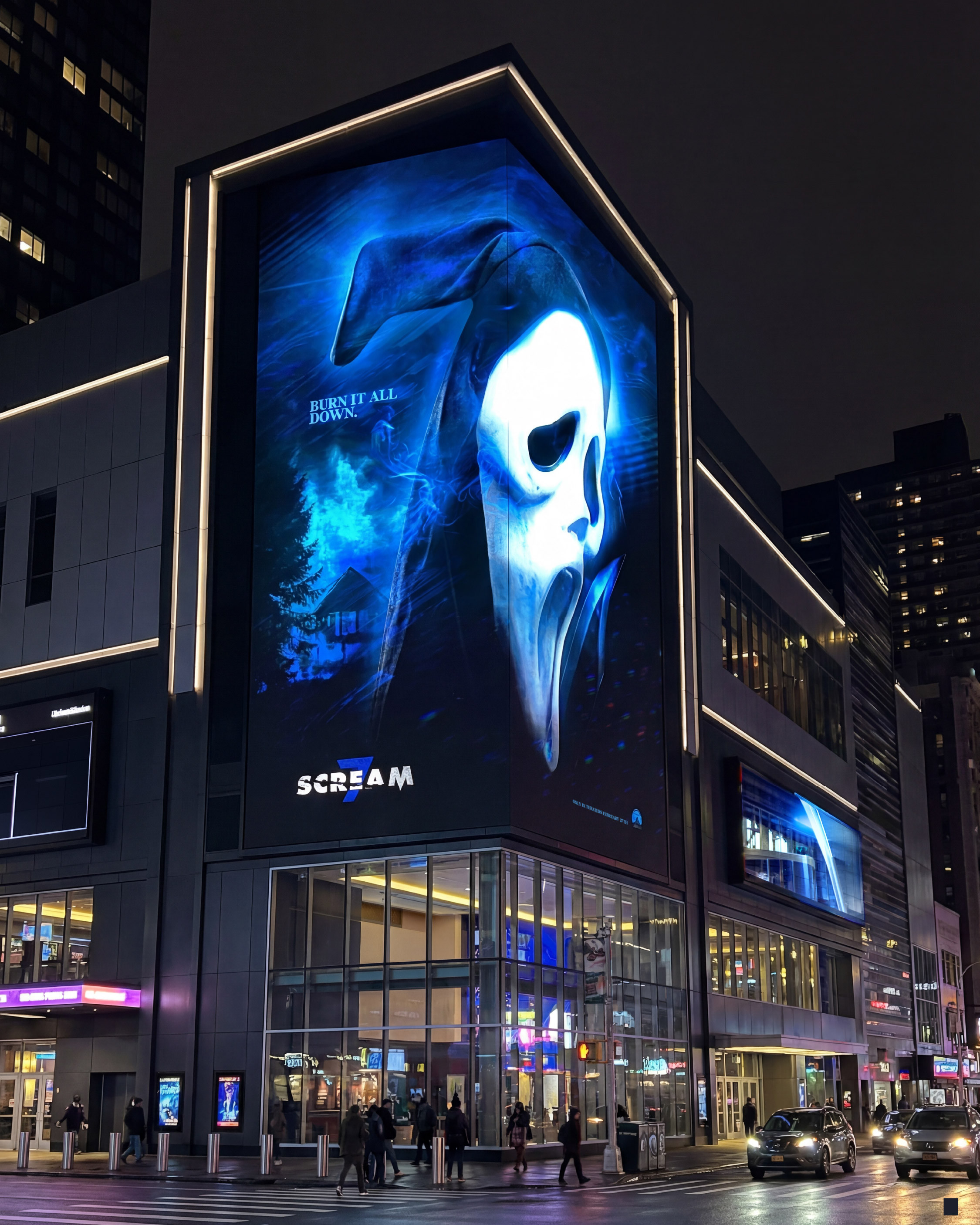 Large-format billboard mockup showing how the key art dominates a cityscape at night. Designed for instant recognition and psychological impact from a distance