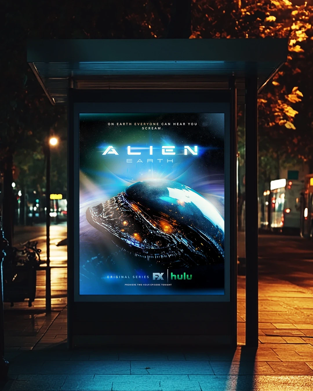 Bus shelter mockup showcasing real-world readability, lighting impact, and night-time visibility