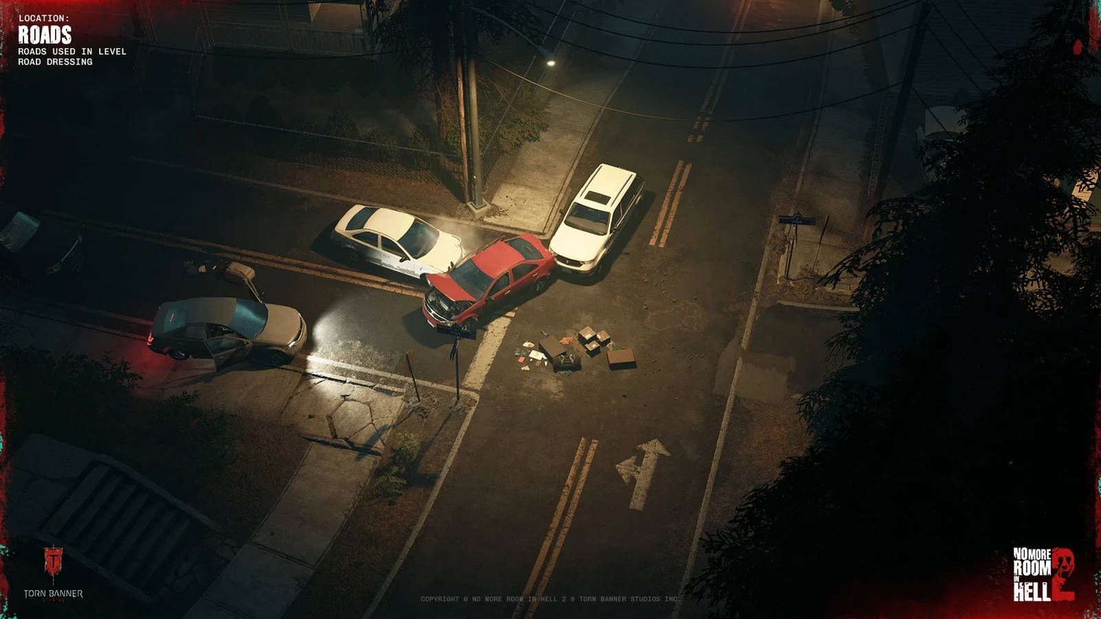 In-game road system demonstrating intersections, lane markings, sidewalk integration, and level art dressing working together as a unified layout.