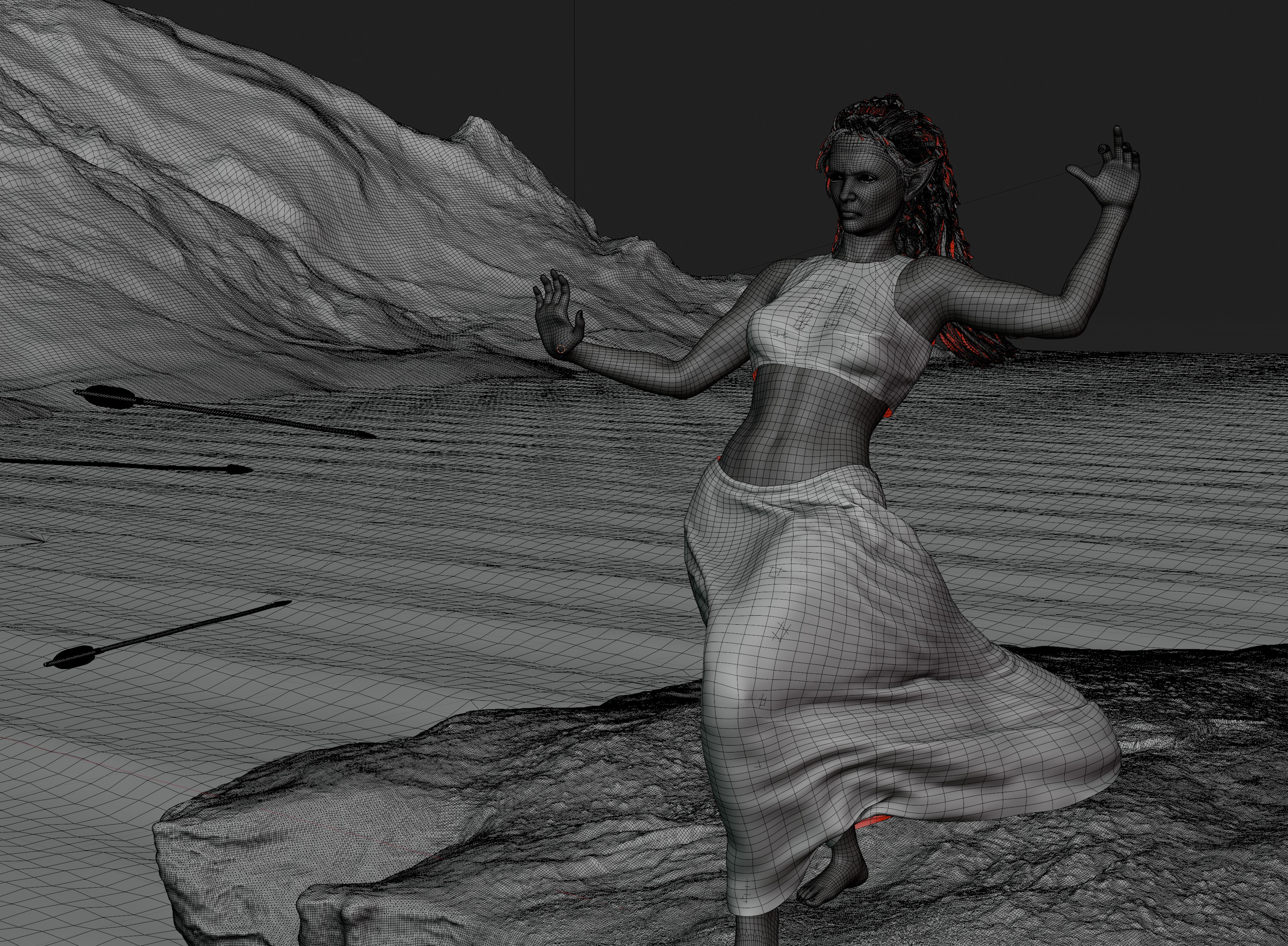 A wireframe from the viewport helped to align the designs on the skirt.