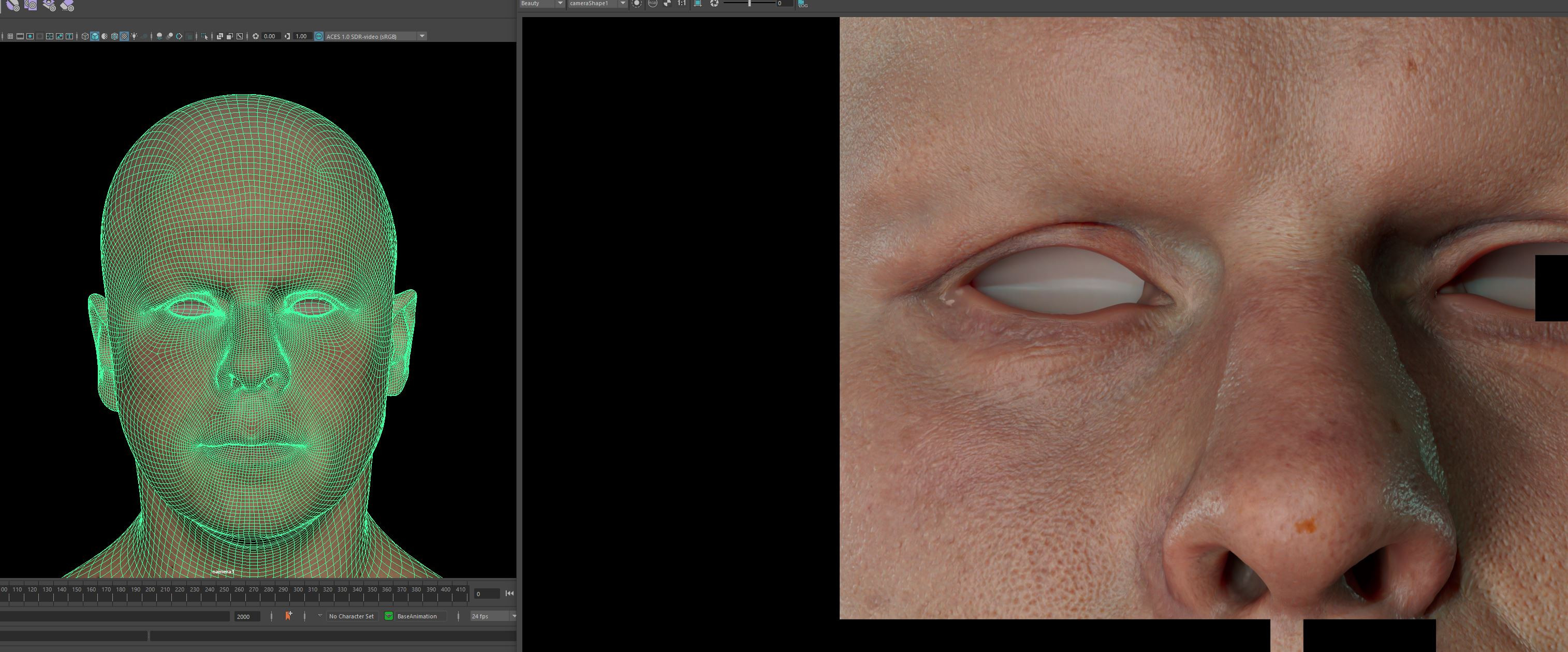 skin shader test with jsut  displacement and color