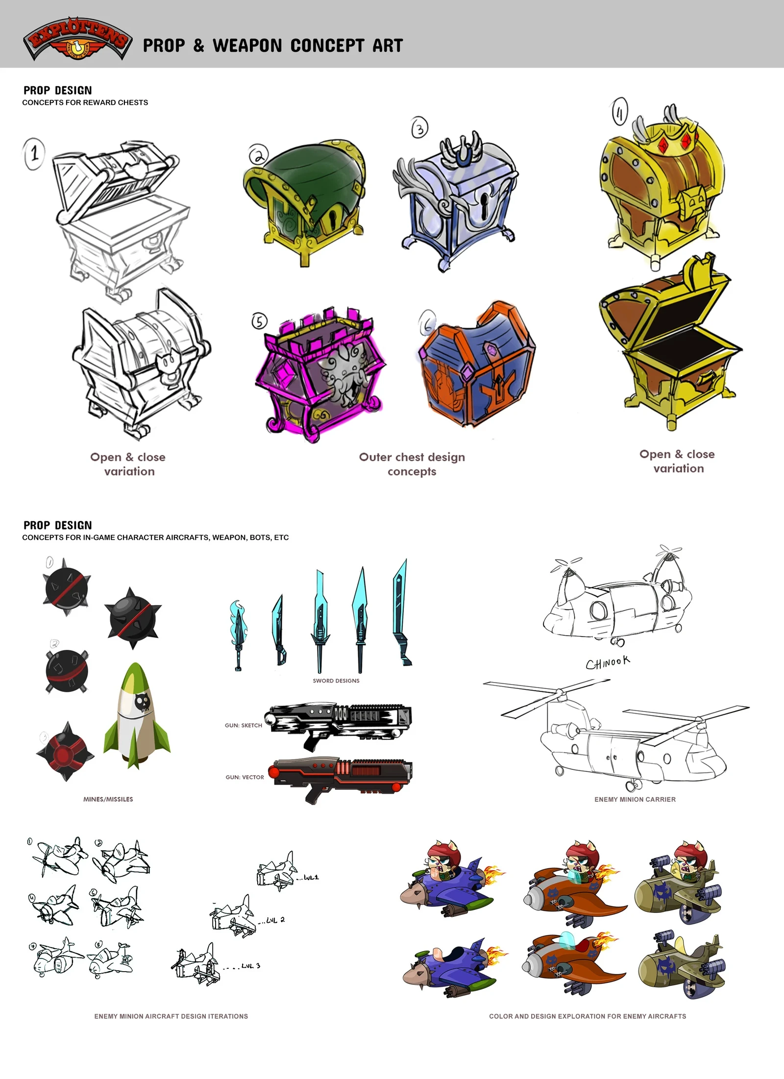 Reward chests, weapon props &amp; enemy prop variation concepts + render tests.