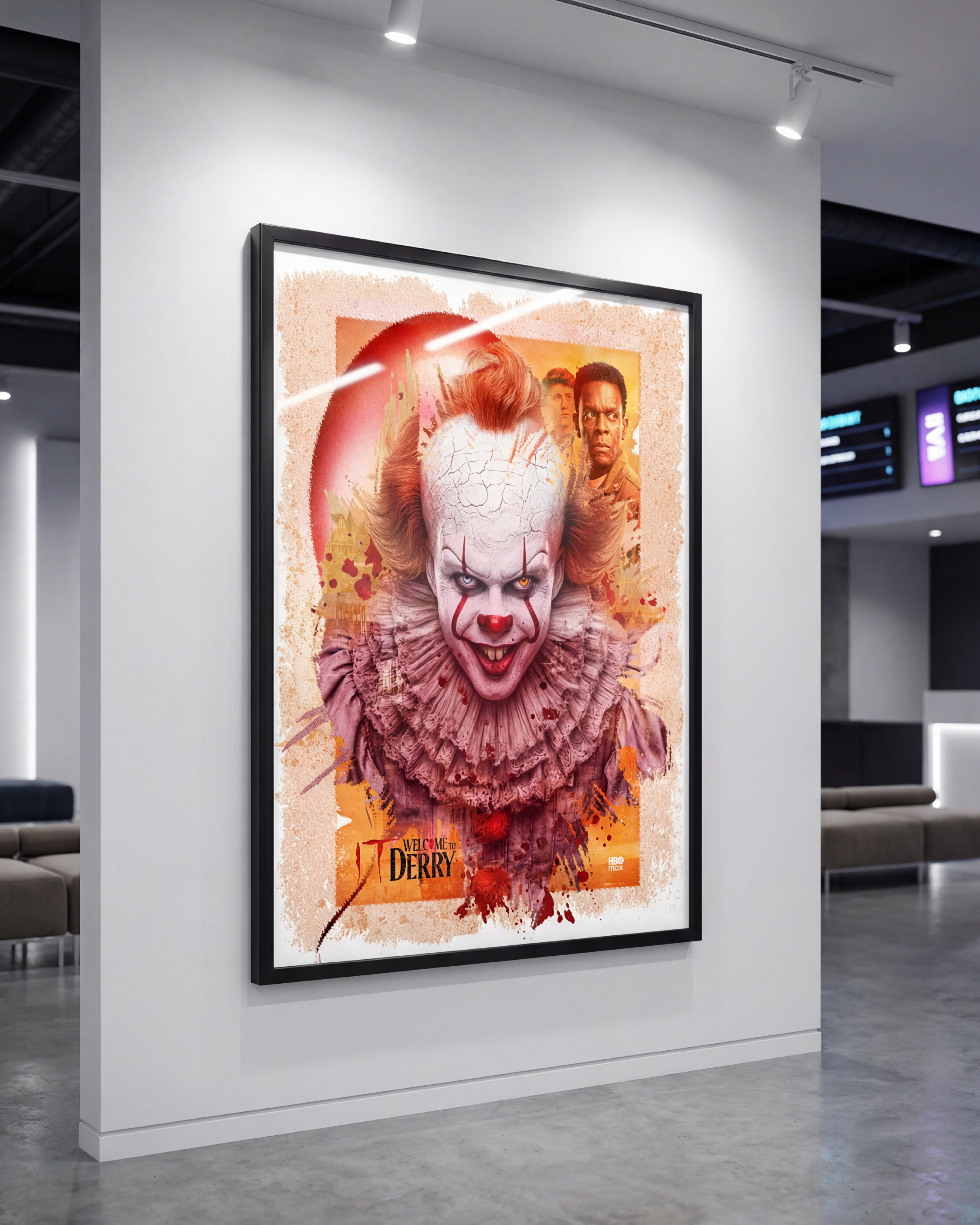 Large-format framed display in a modern public space