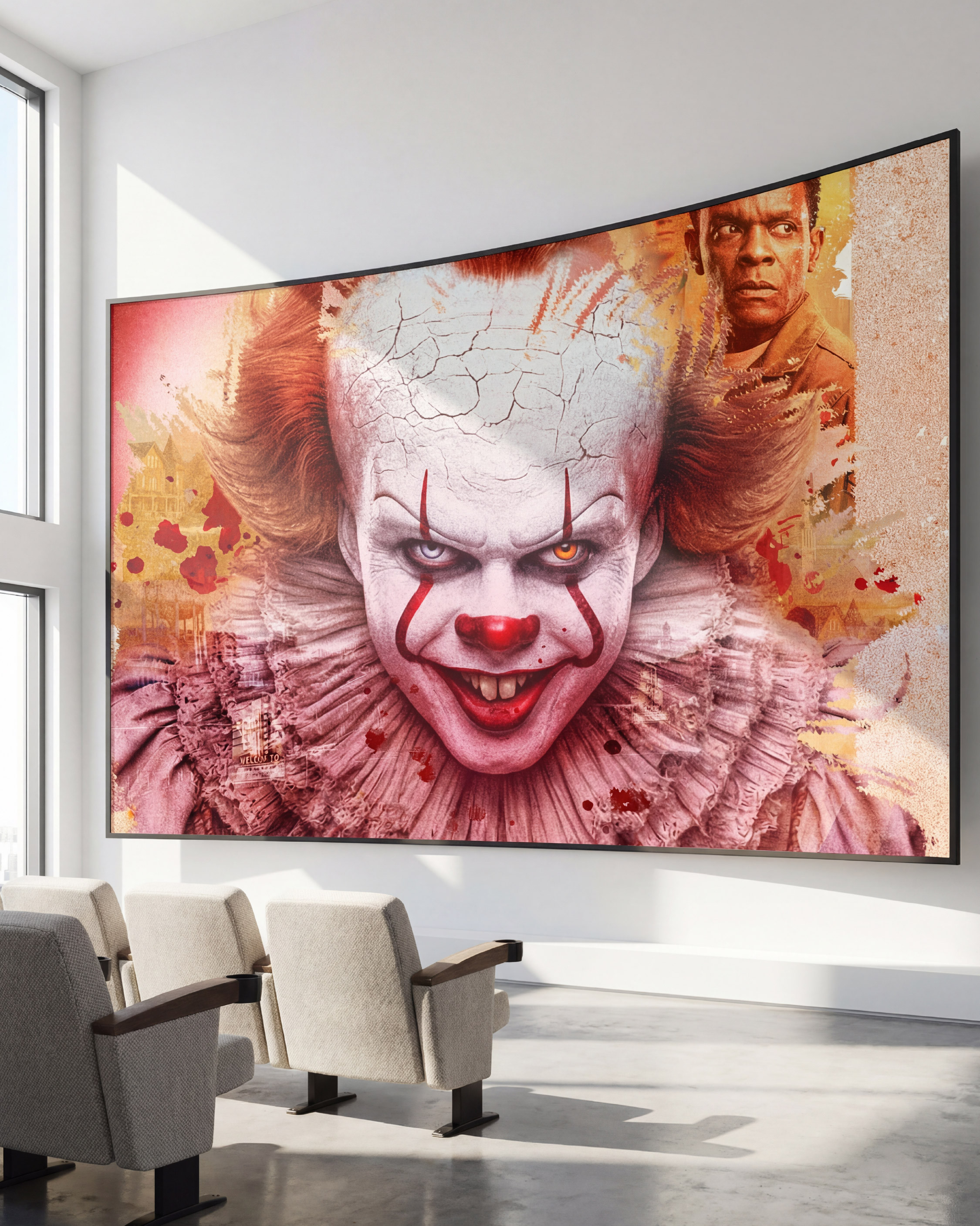 Wide-format billboard-style screen crop (close read on Pennywise + cast)