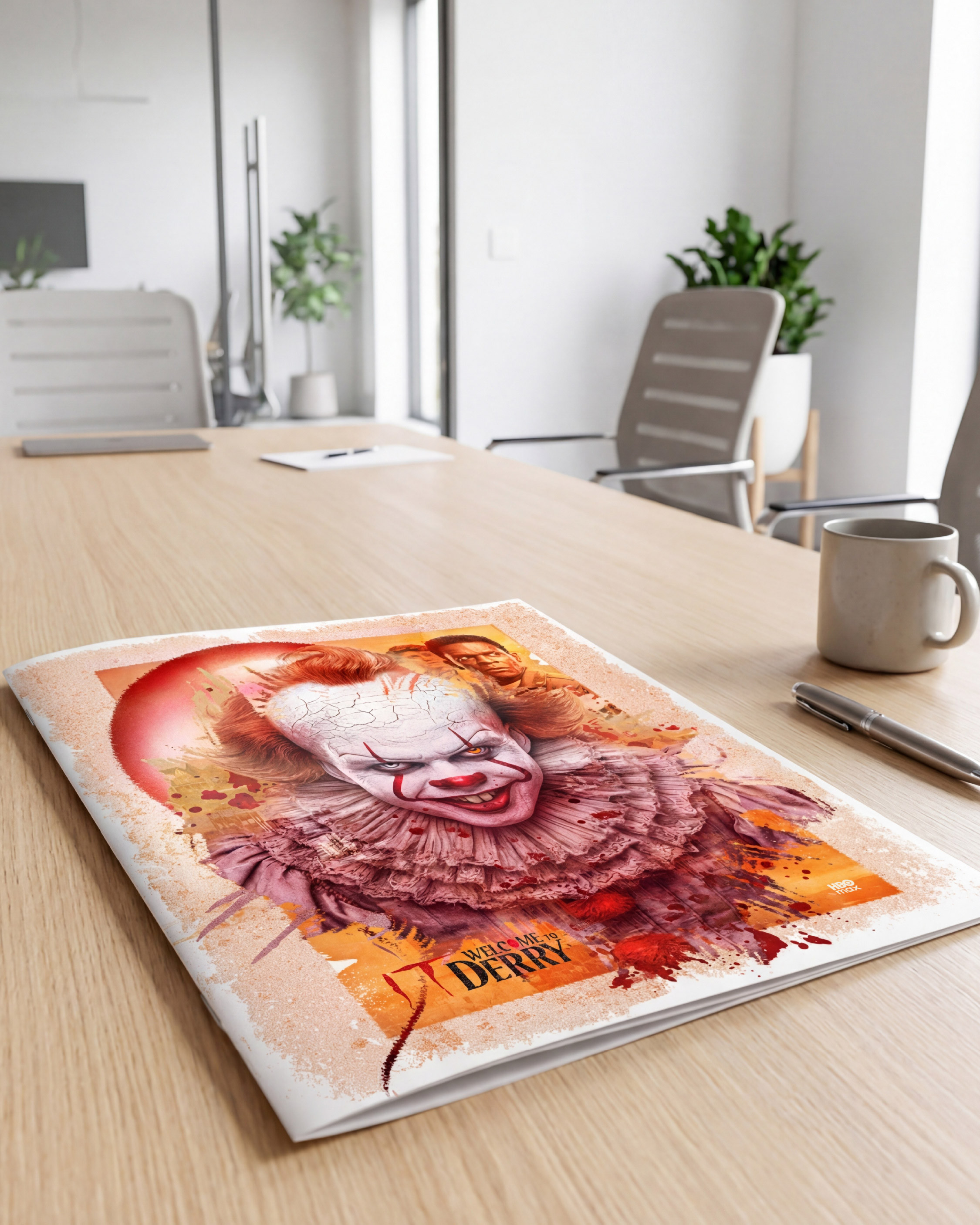 Printed one-sheet and booklet proof on desk (real-world print texture read)