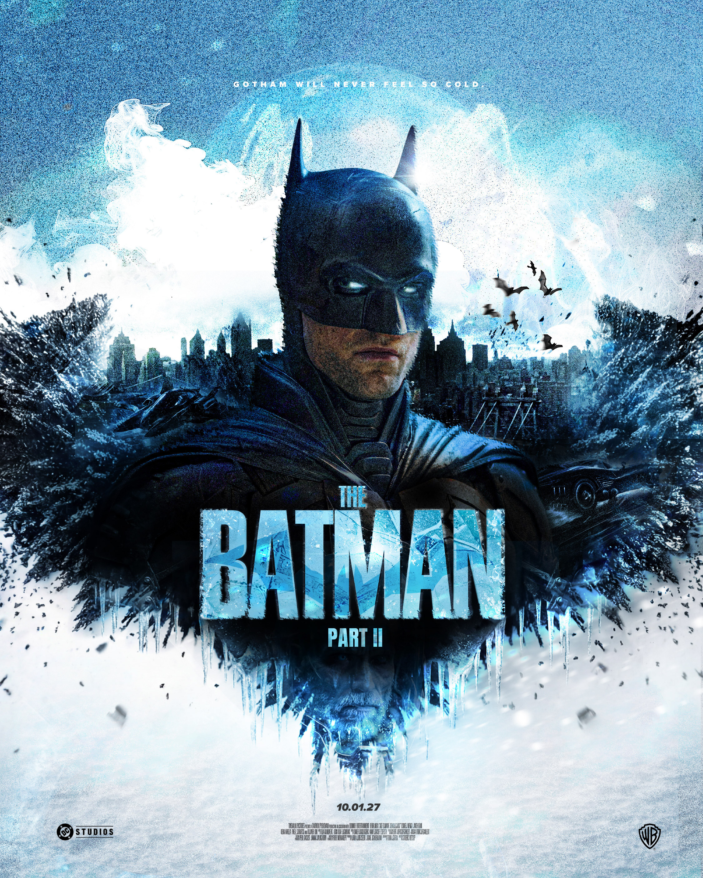 Primary theatrical key art concept exploring a frozen Gotham under the looming presence of Batman - with subtle environmental storytelling hinting at Mr. Freeze beneath the surface
