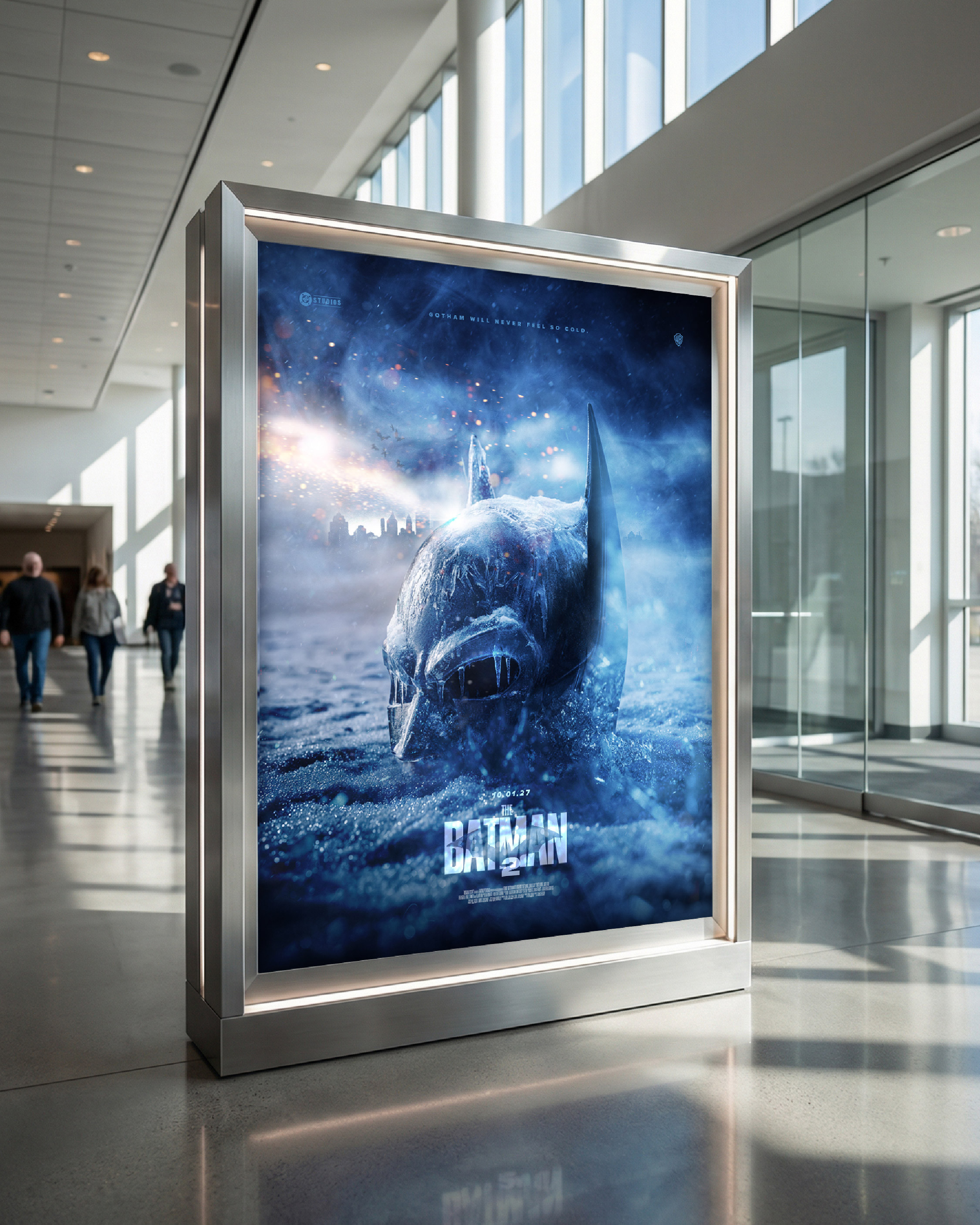 Indoor cinematic display mockup highlighting theatrical lobby and venue placement potential