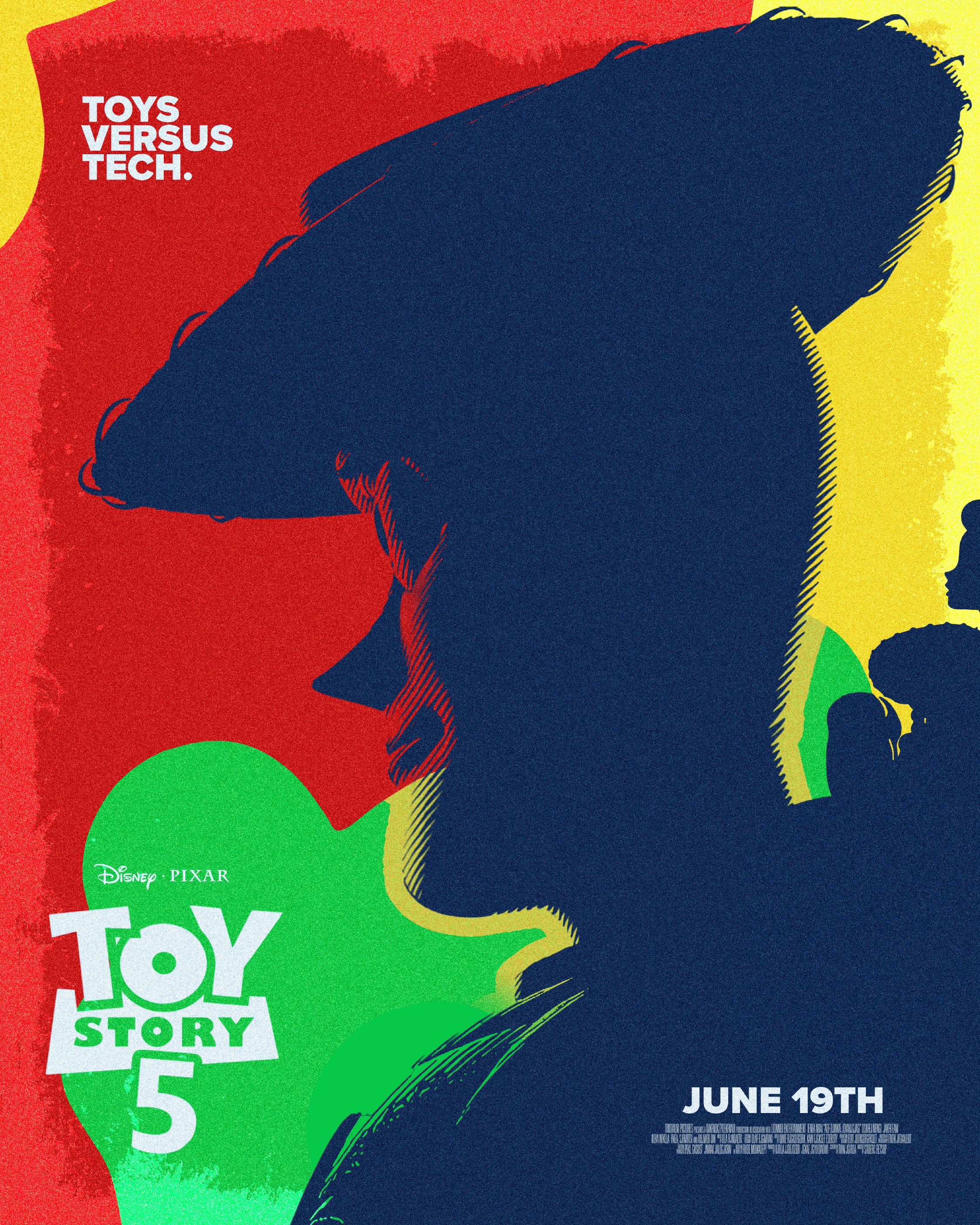 Primary alternative teaser poster. Woody is presented in silhouette form to symbolize the fading presence of traditional play, while the looming abstract shape behind him hints at the emerging villain  