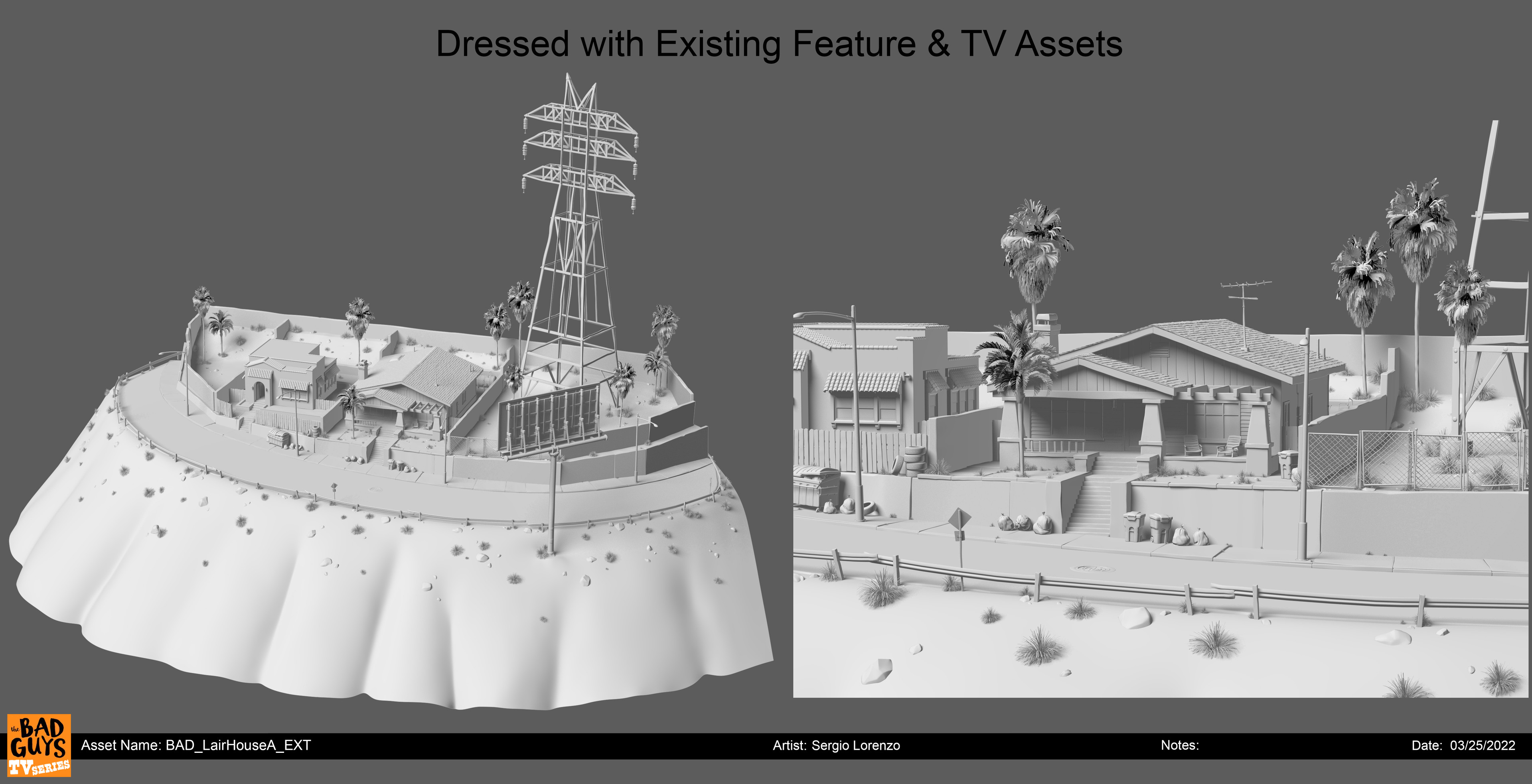 The hilltop house needed a small section of street to live on.  This is the completed set which I dressed with existing assets, including an existing house next door, some palm trees, and a high tension electricity tower.