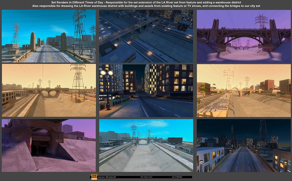 For the warehouse district, I was responsible for the designing the layout, and extending the LA river set from the feature.  I also modeled and created color concepts for the structural elements like the sidewalks, streets, and bridges.