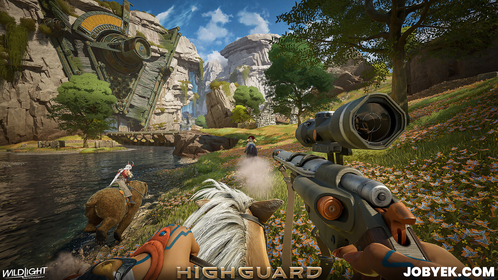 Marketing shot featuring Rivermark's open-world terrain, foliage and world building I worked on.