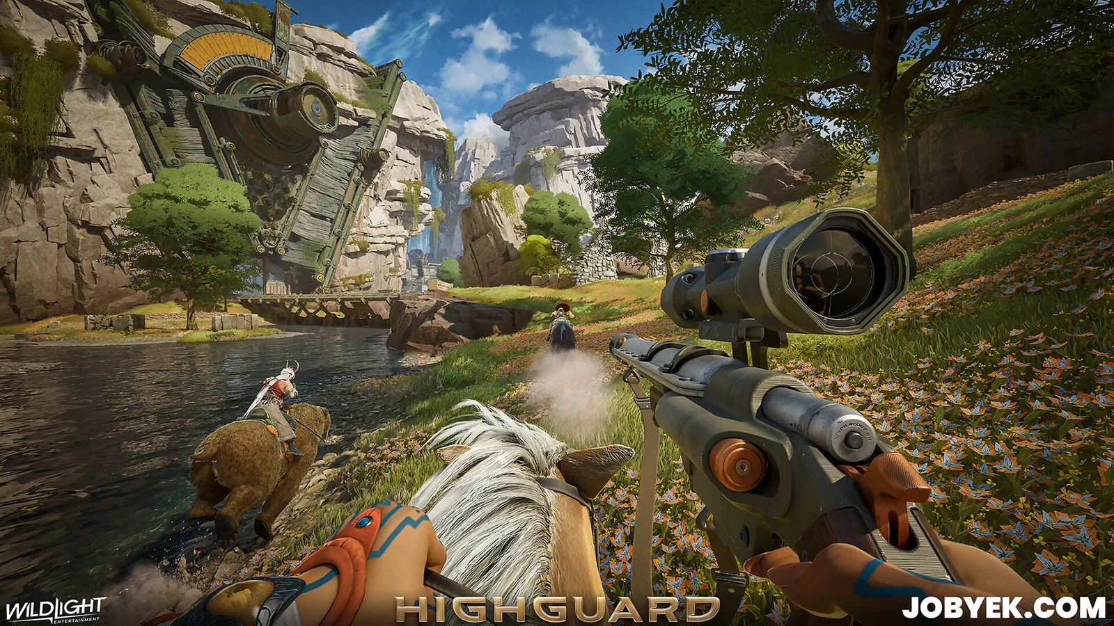 Marketing shot featuring Rivermark's open-world terrain, foliage and world building I worked on.