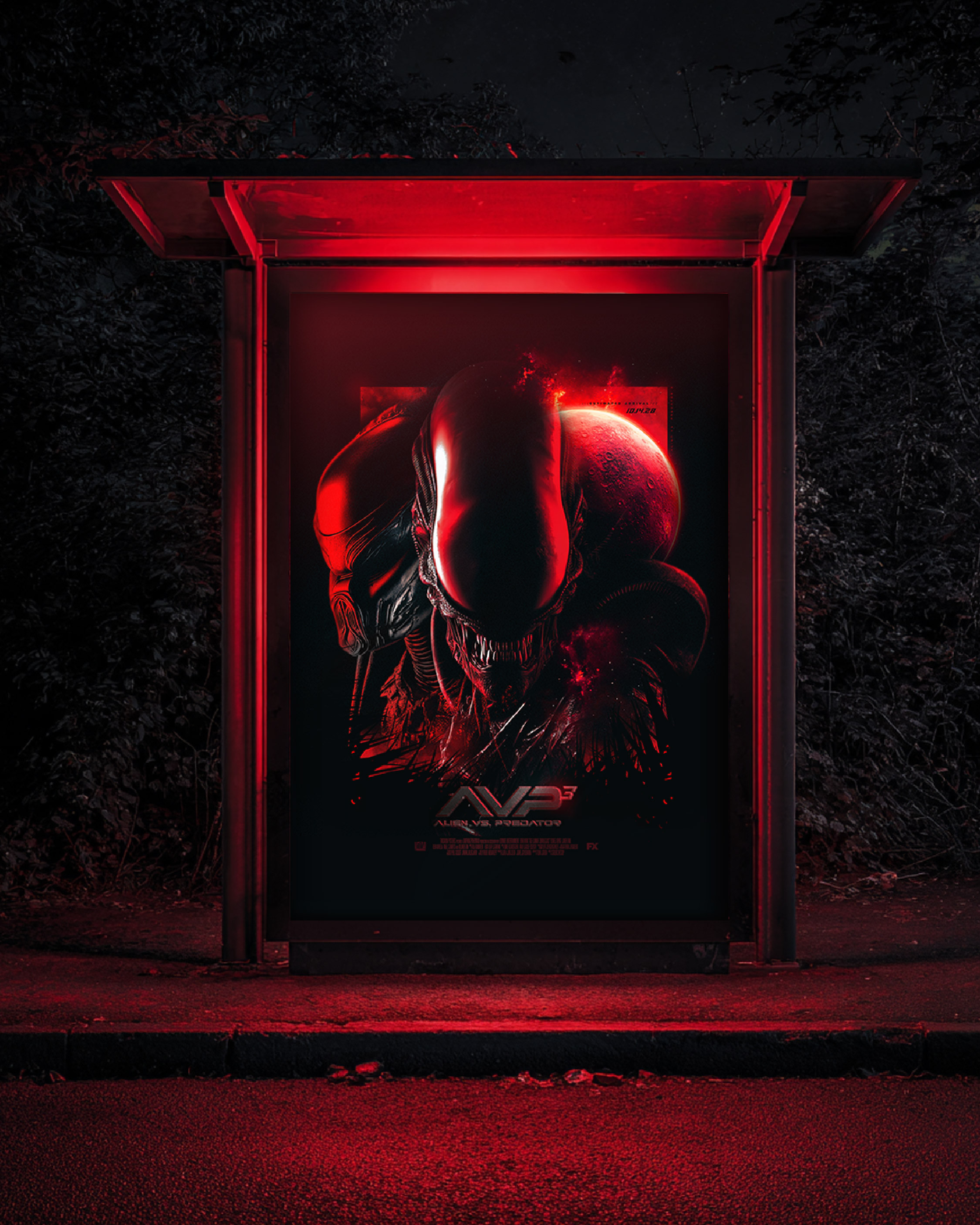 Outdoor placement mockup to show distance readability, contrast, and how the red lighting sells the mood in a real environment