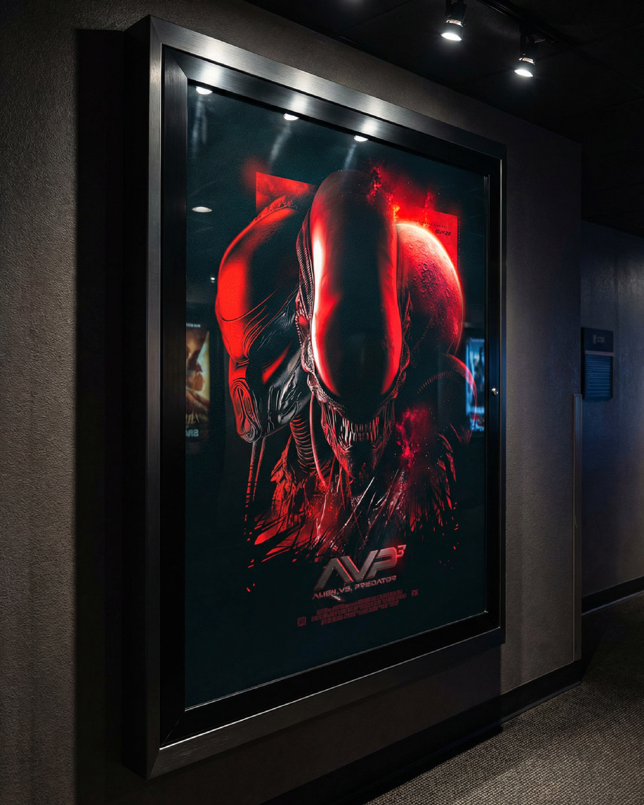 Theatrical corridor display mockup - built for that “walk into the theater and feel the threat” moment