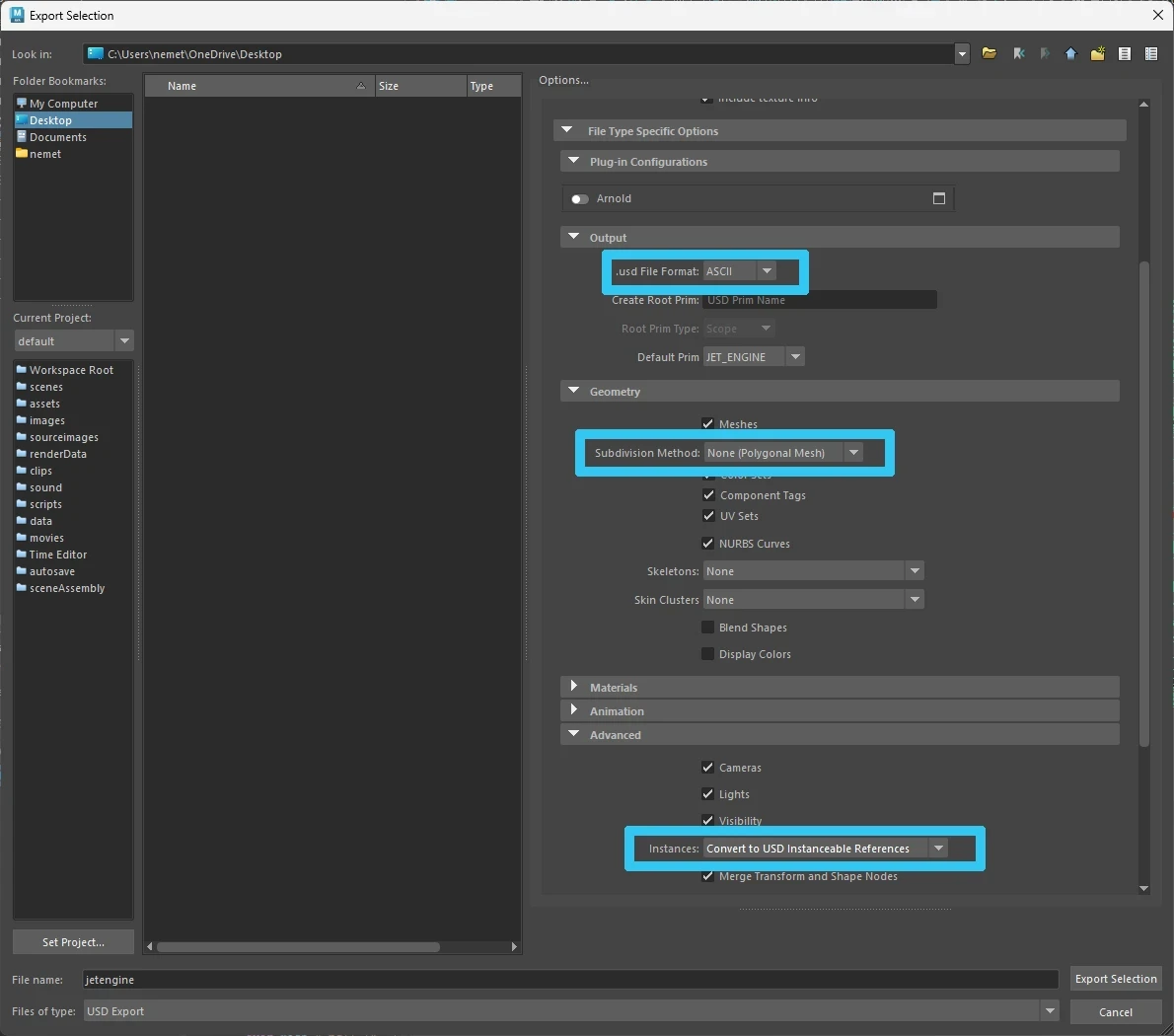 Maya USD export settings
