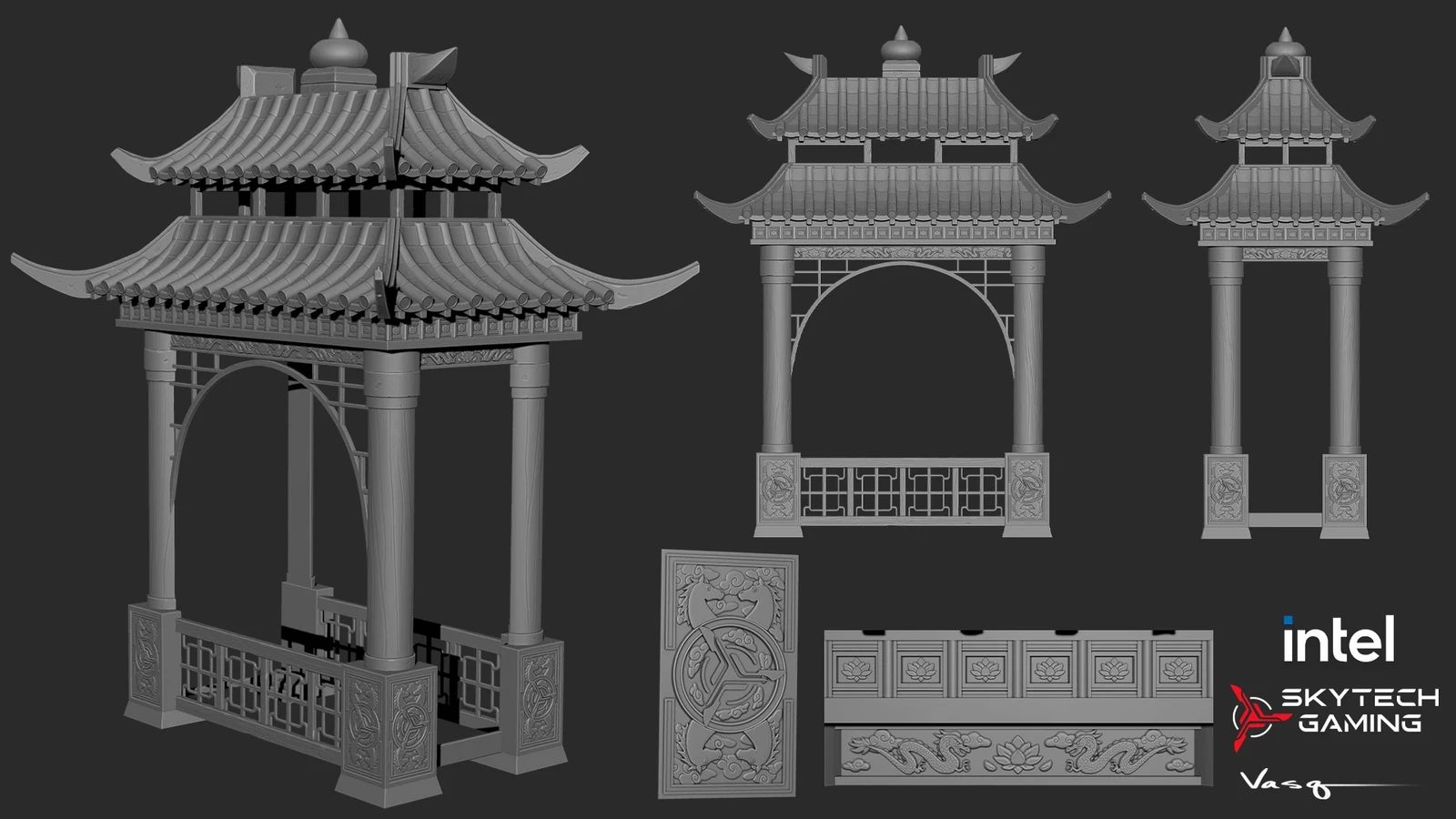I sculpted the horse plaques, dragon, and lotus patterns. Added details for the arch, pillars, and fencing, to be sent to our CAD Artist Matthew Vanscoy for final assembly.