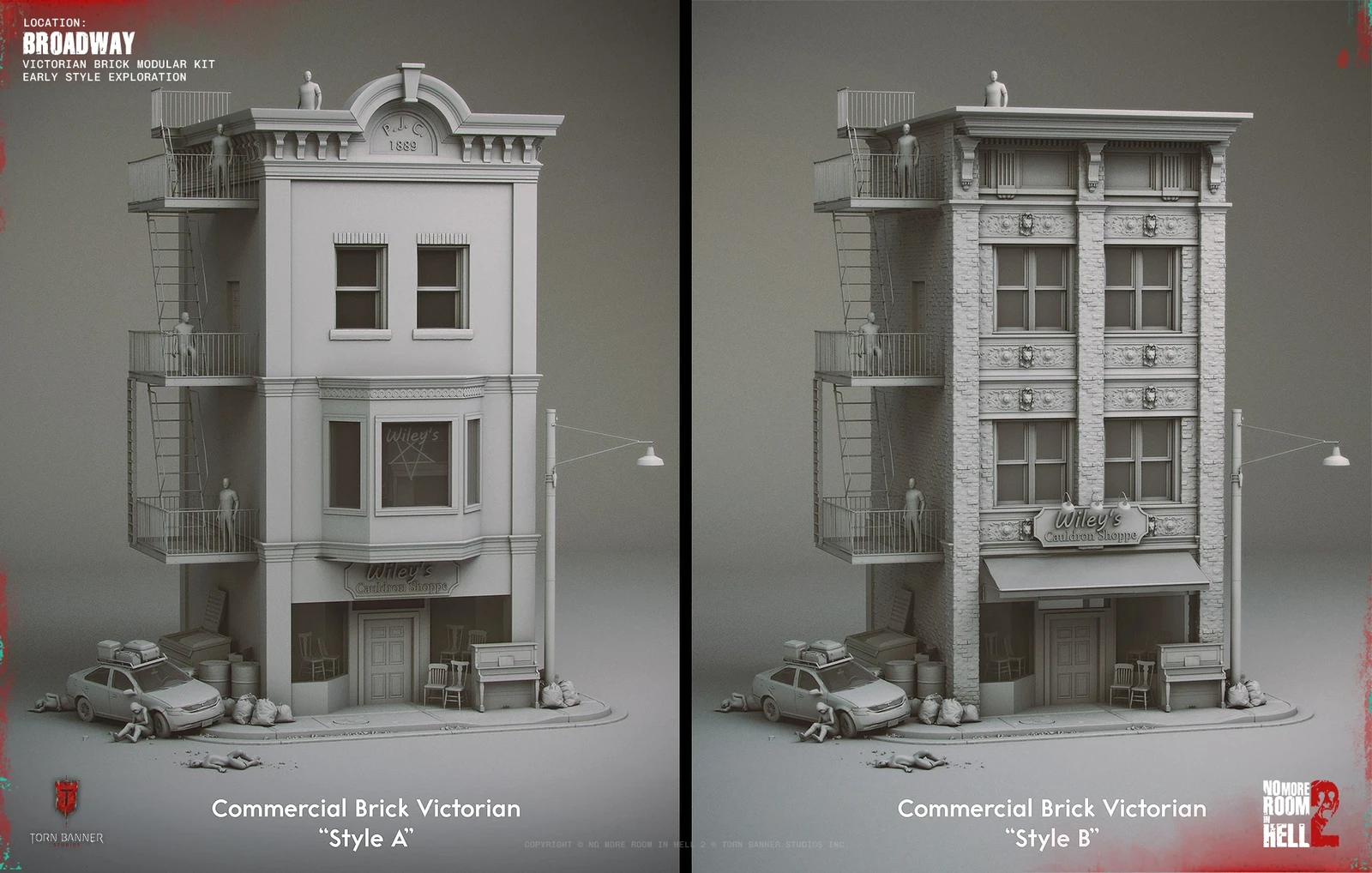 Early 3D blockout of the Victorian commercial kit to establish its core architectural language.