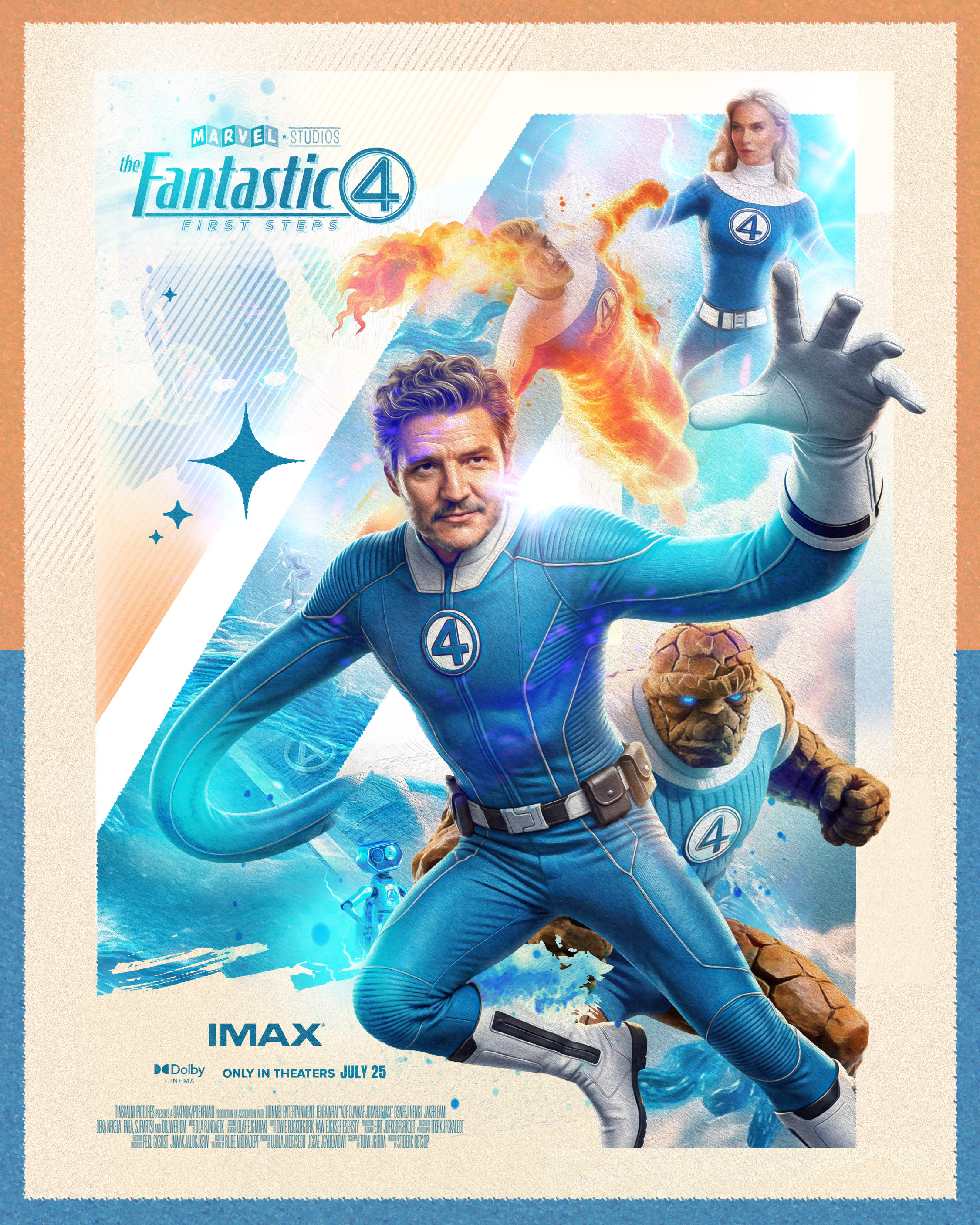 Official theatrical key art poster concept for Fantastic Four: First Steps. Designed to establish a cinematic team hero composition while reinforcing the franchise identity through a unified silhouette framed inside the iconic “4” structure