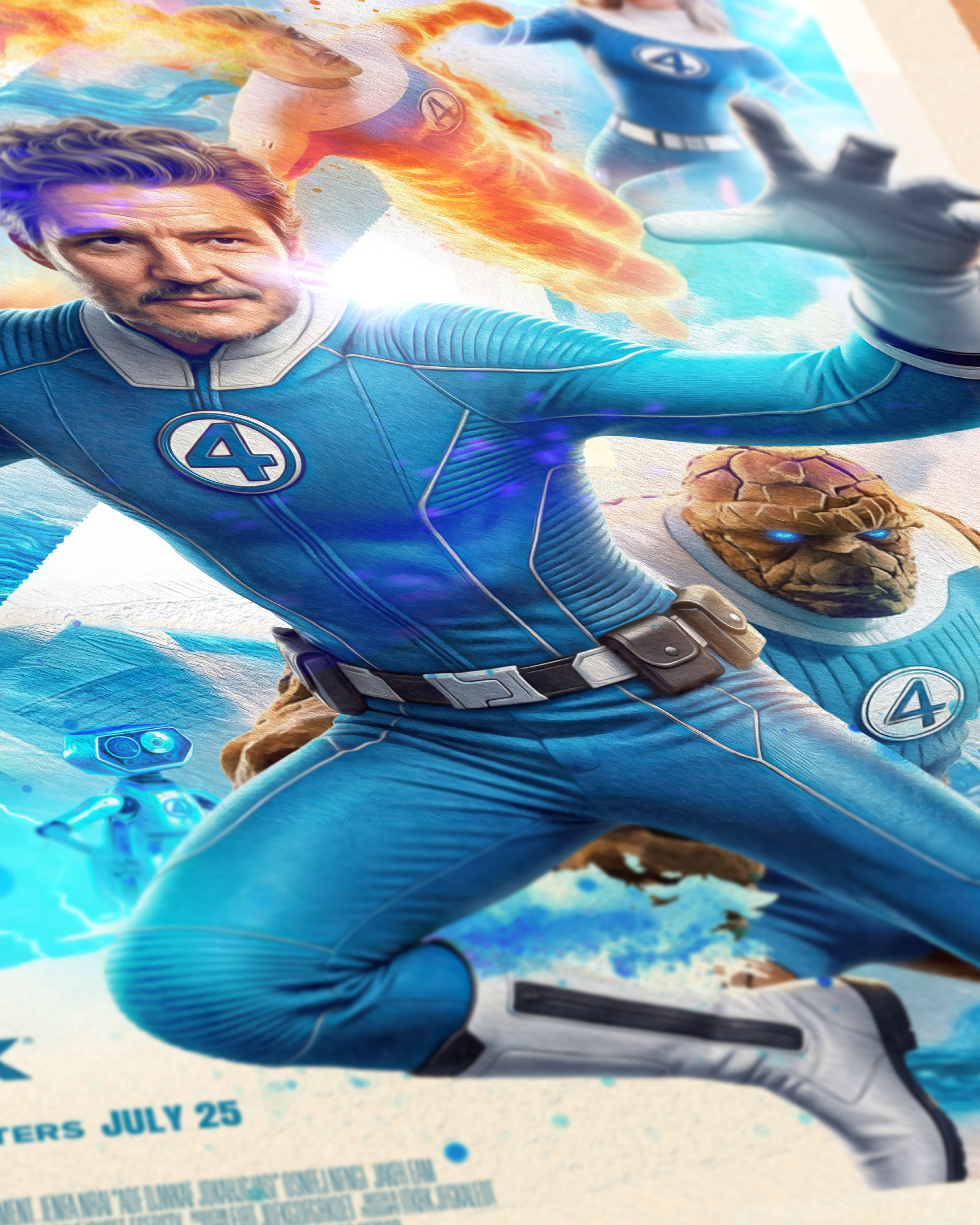 Close up detail crop emphasizing lighting effects, character compositing, and texture work across the hero composition