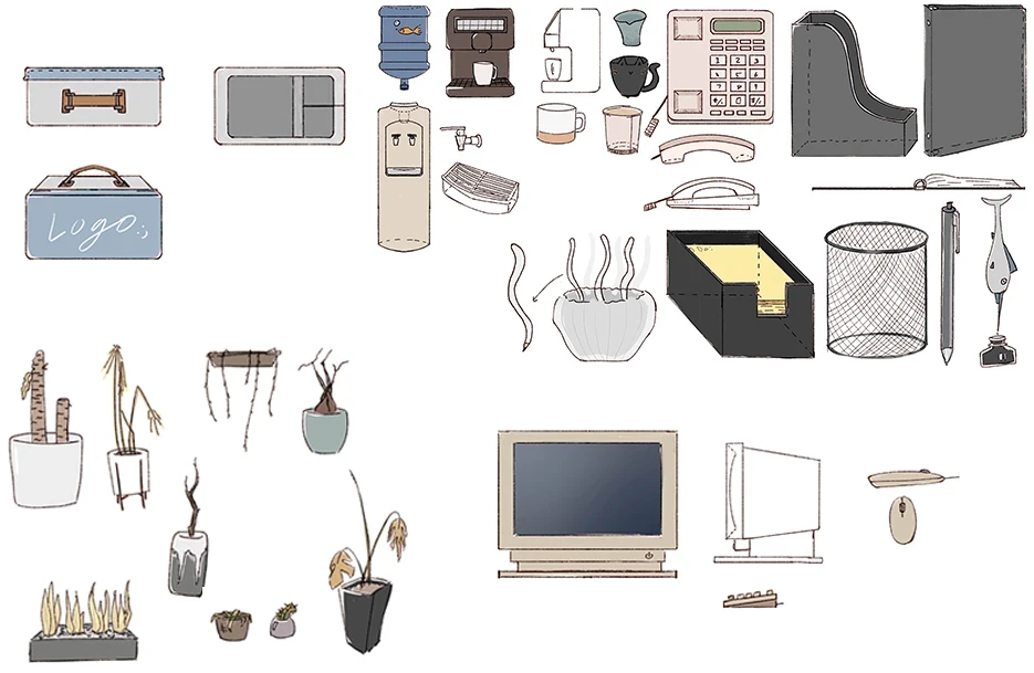 Various office and fish theme props