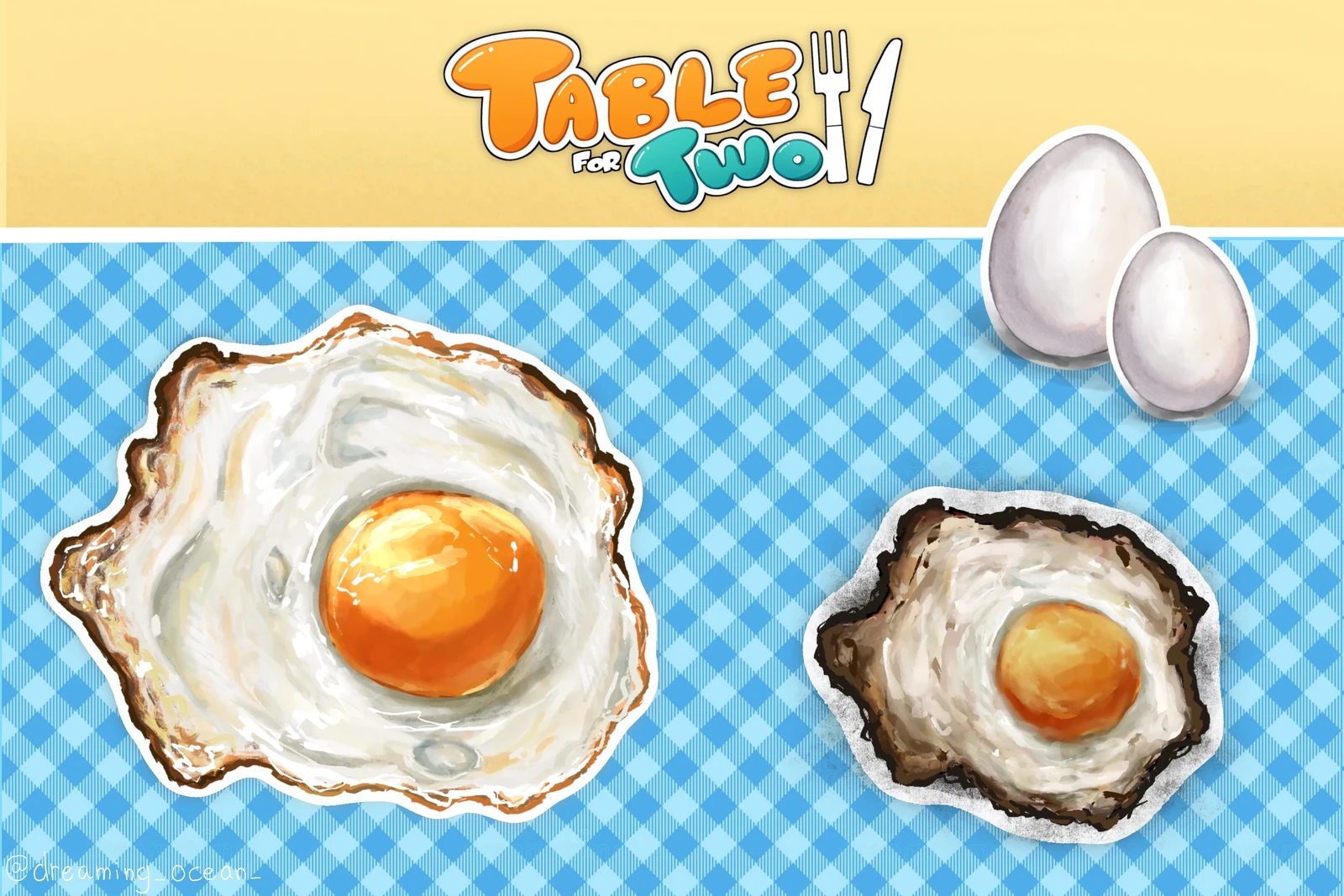 Egg illustration with 3 stages: raw, cooked and burned