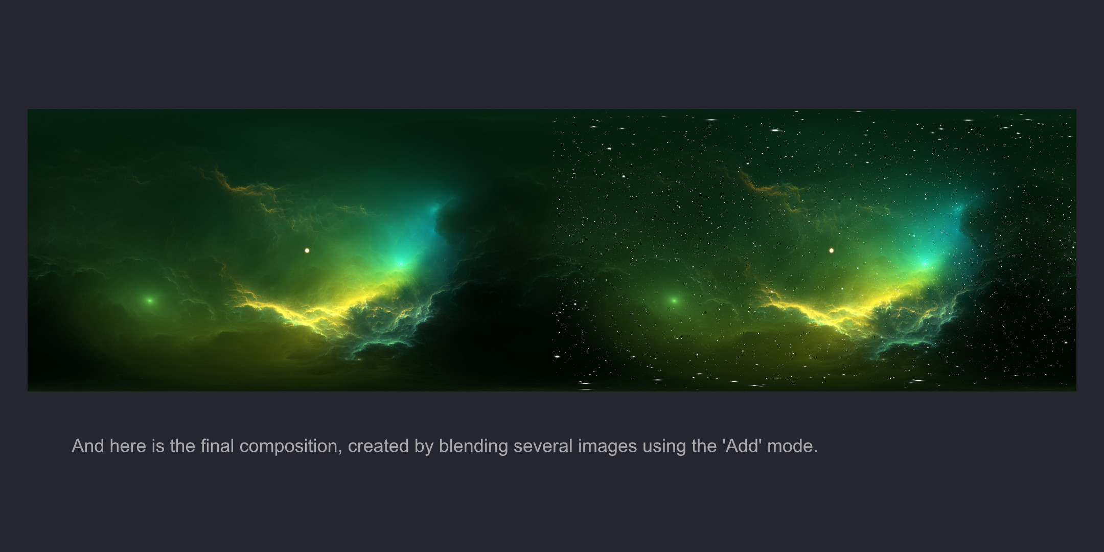 And here is the final composition, created by blending several images using the 'Add' mode.