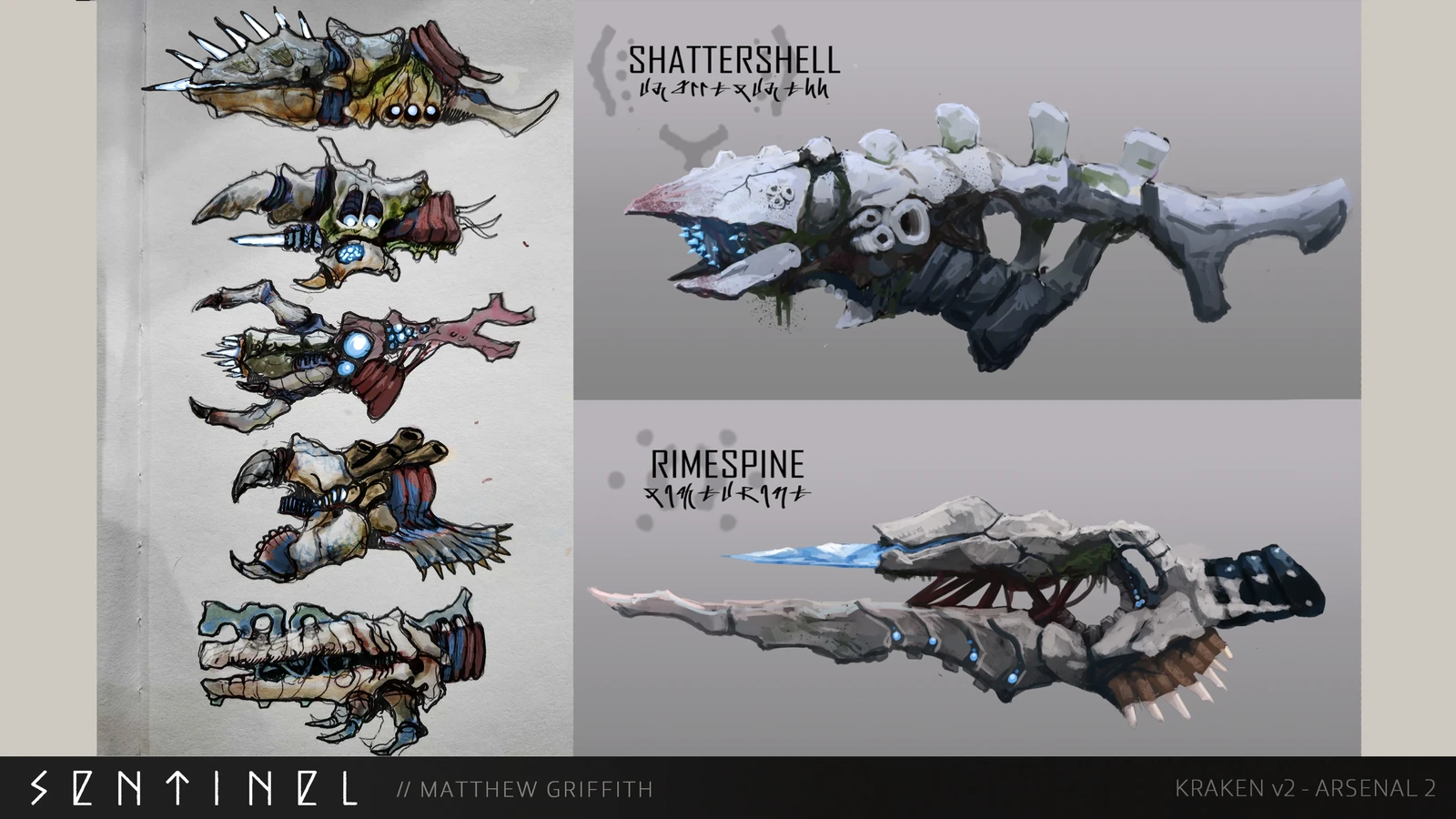 Kraken weaponry also got a facelift, with more emphasis on ice, spikes, and oceanic textures. Exploratory sketches and designs thoroughly explored the new design philosophies. The Brambleback's bone spikes were substituted for ice spikes. 
