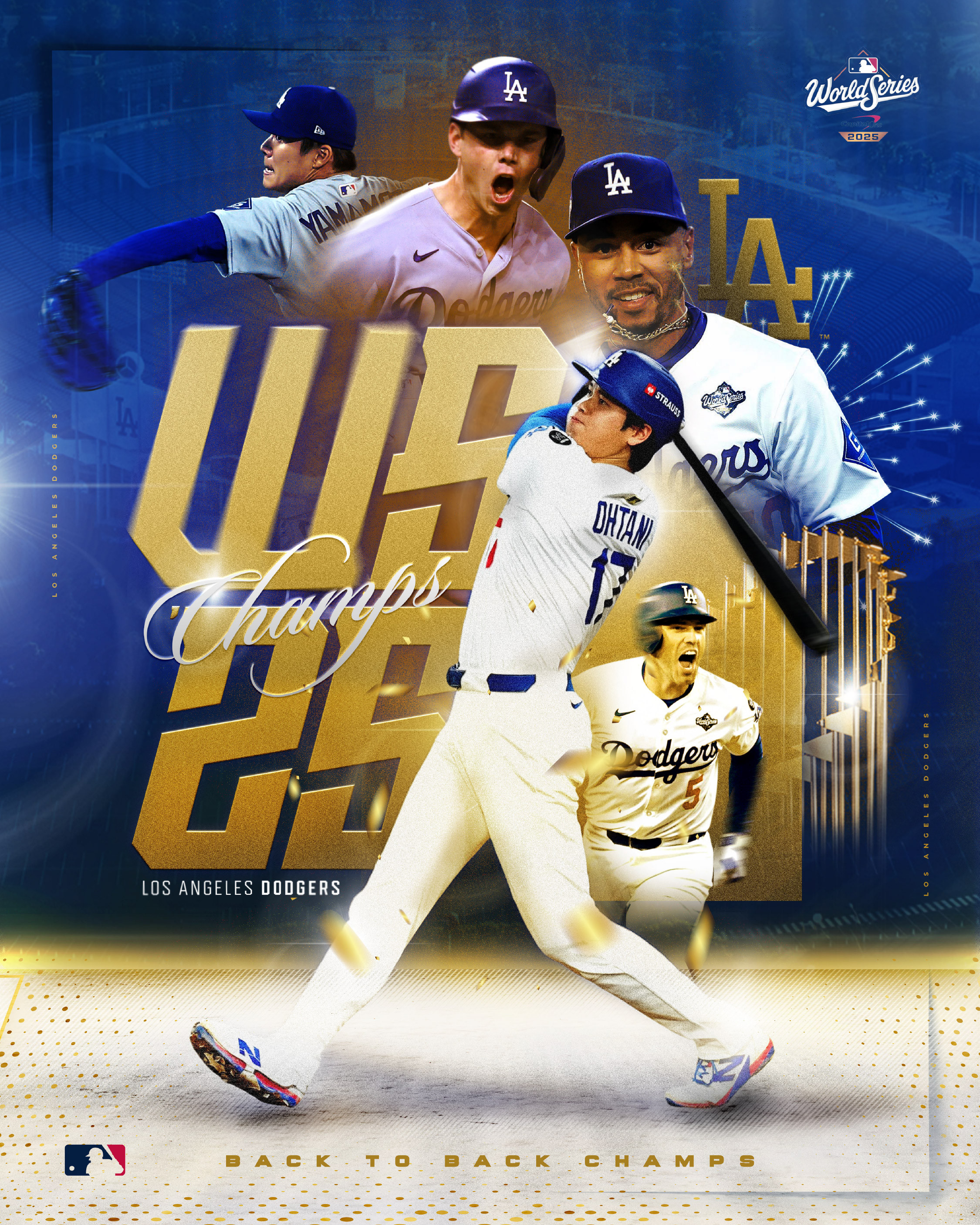 Primary championship key art featuring a layered player montage, gold World Series typography, and trophy iconography. Designed to capture motion, legacy, and celebratory scale in a single cinematic composition