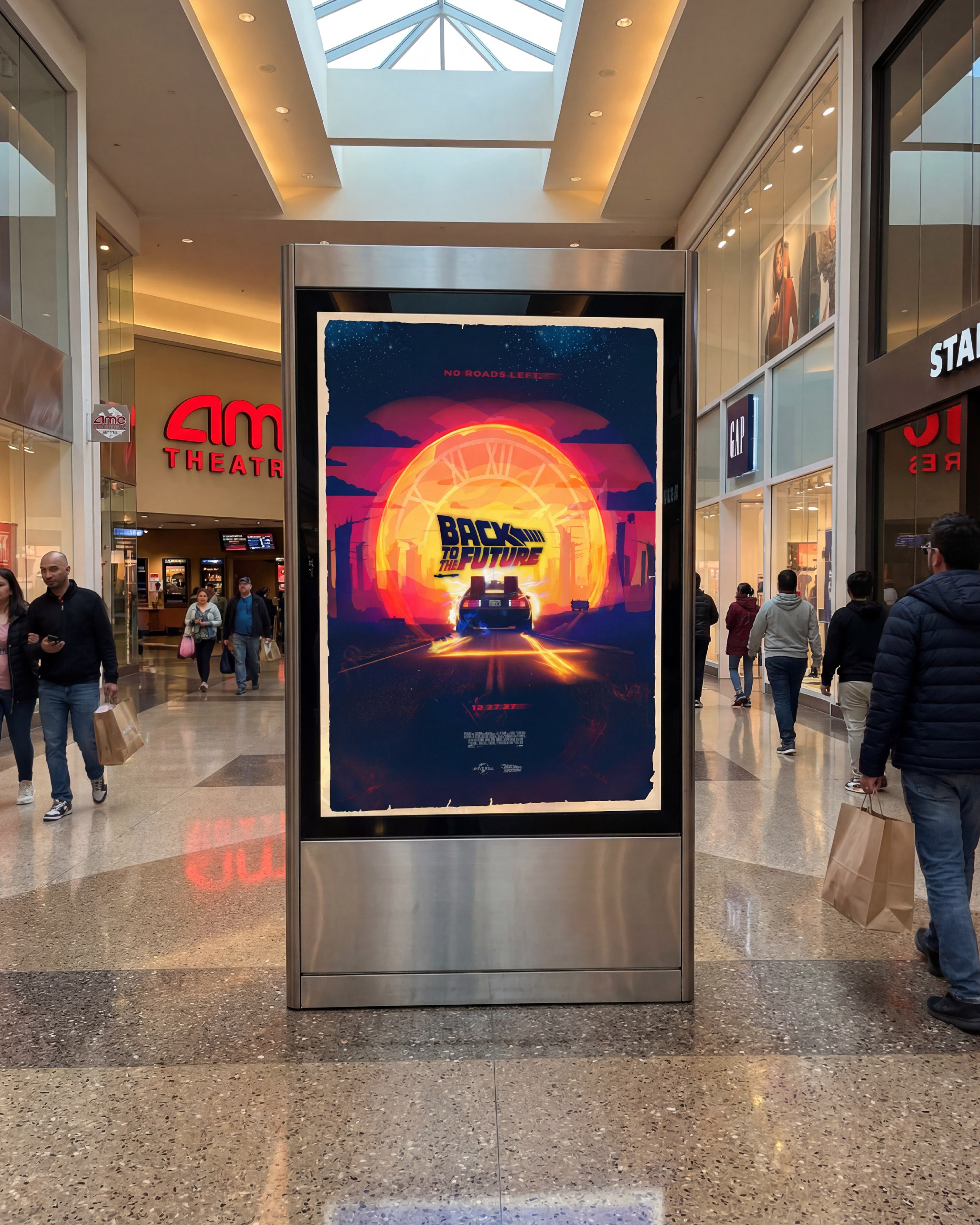 Backlit cinema kiosk installation designed to showcase the key art in high-traffic retail and theater lobby environments
