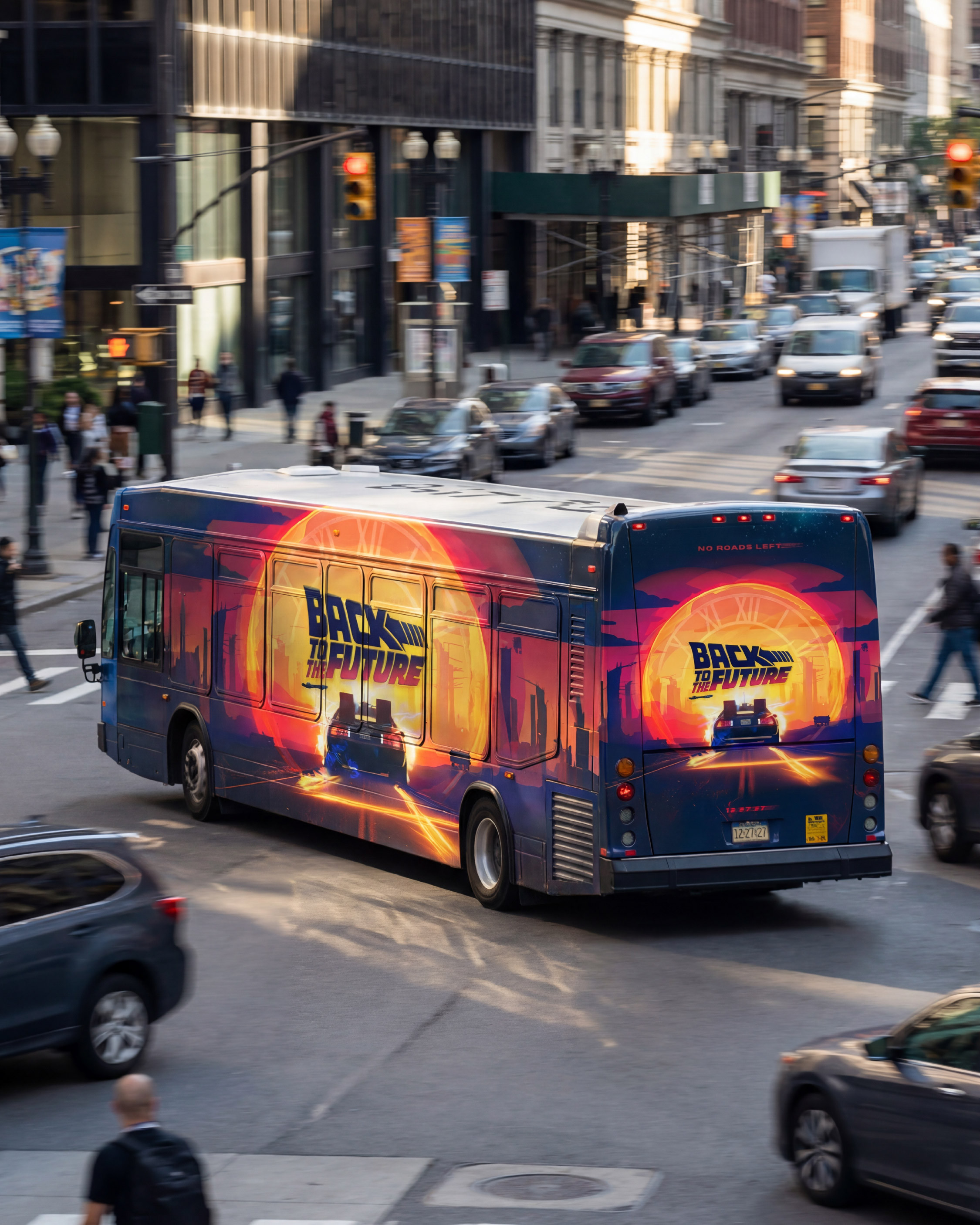 Full vehicle wrap execution translating the key visual into a mobile advertising format for citywide promotional reach