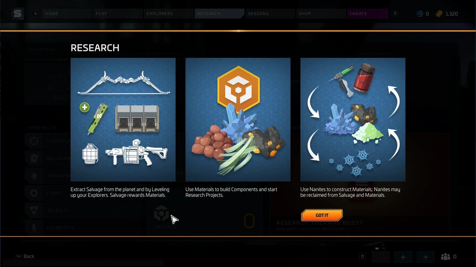Scavengers Research Dialog Screenshot