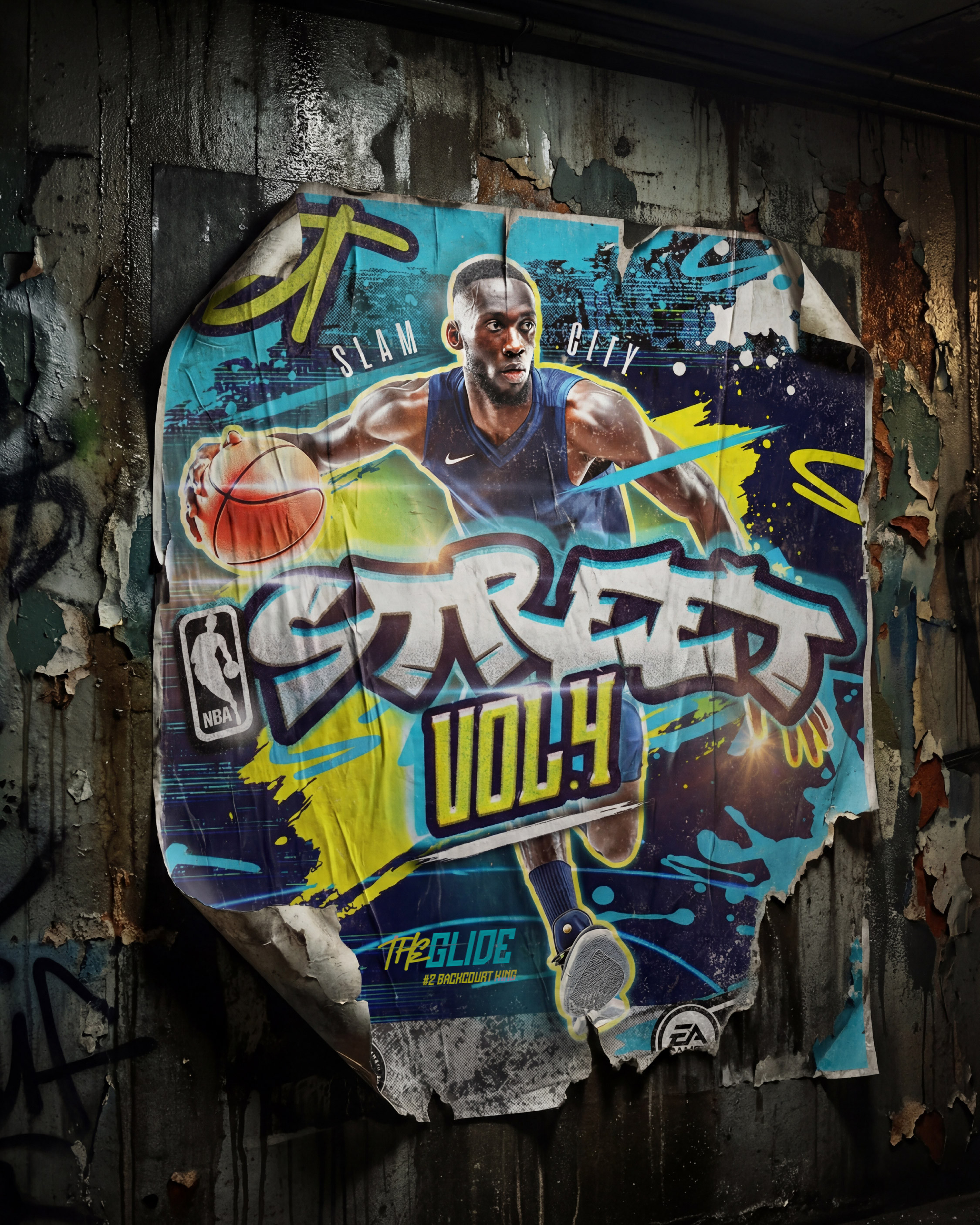 Weathered poster application showing the artwork integrated into real street culture. Torn paper textures and brick wall placement were used to push the authenticity of the campaign rollout