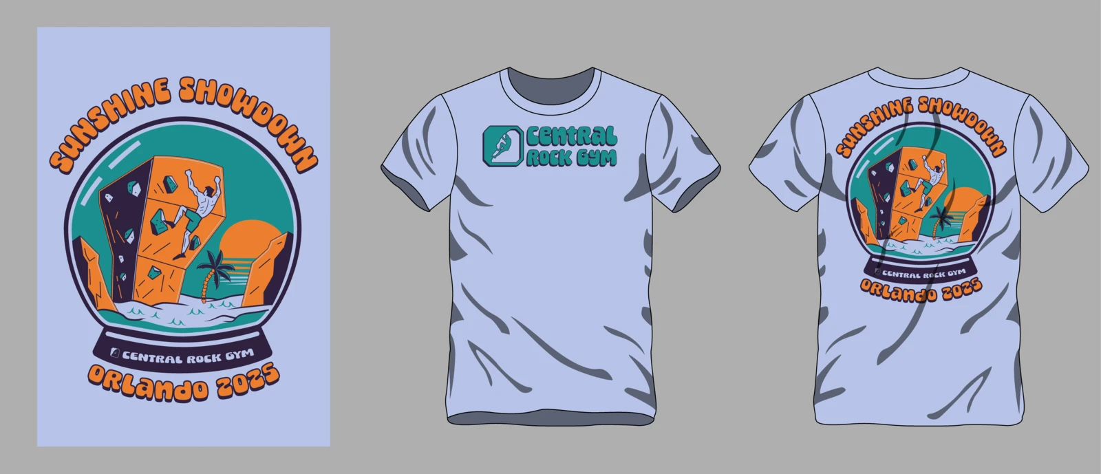 2025 T-shirt design for Central Rock Gym Orlando's annual Sunshine Showdown bouldering competition