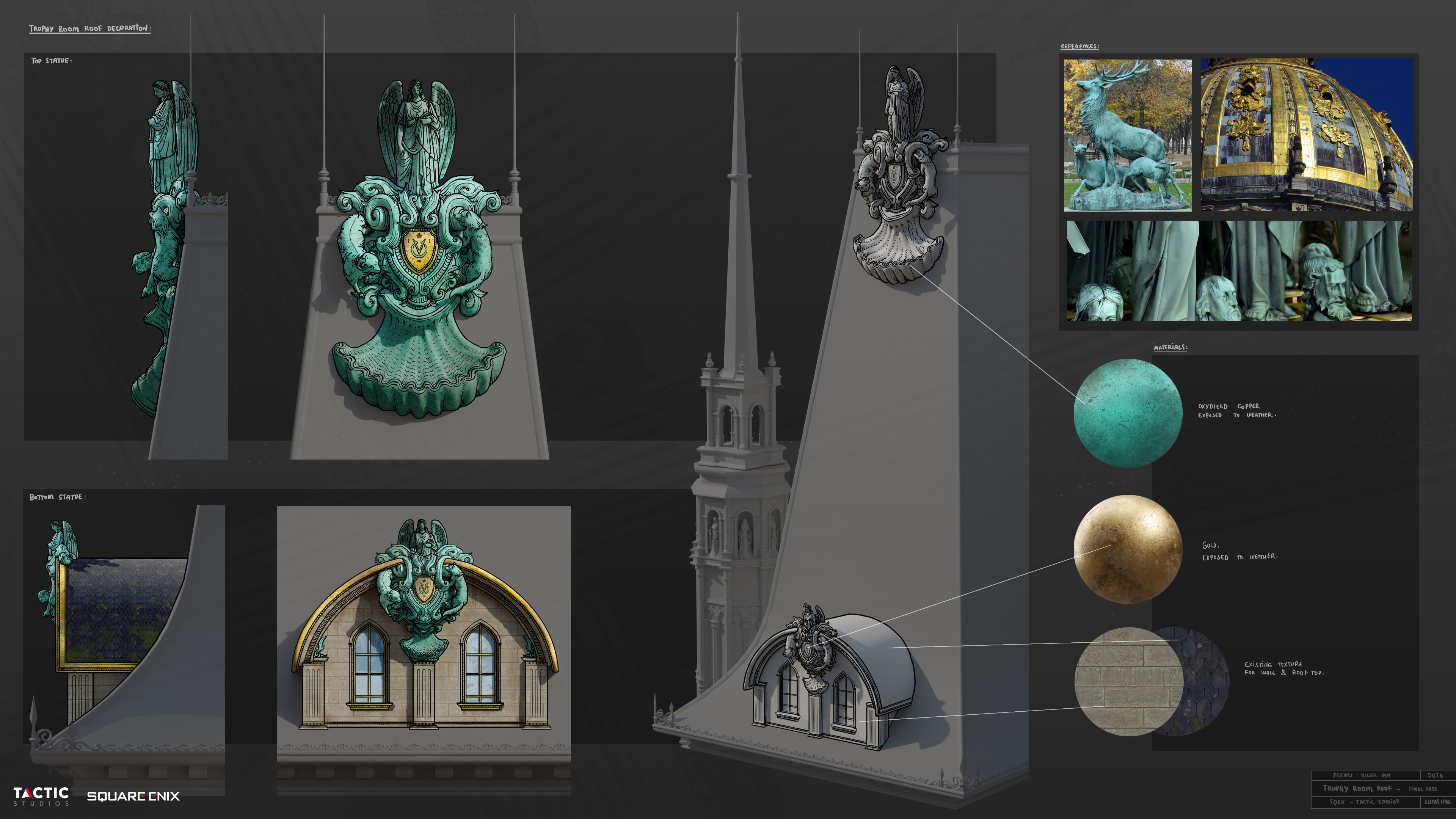 Roof decorations for the trophy room building.