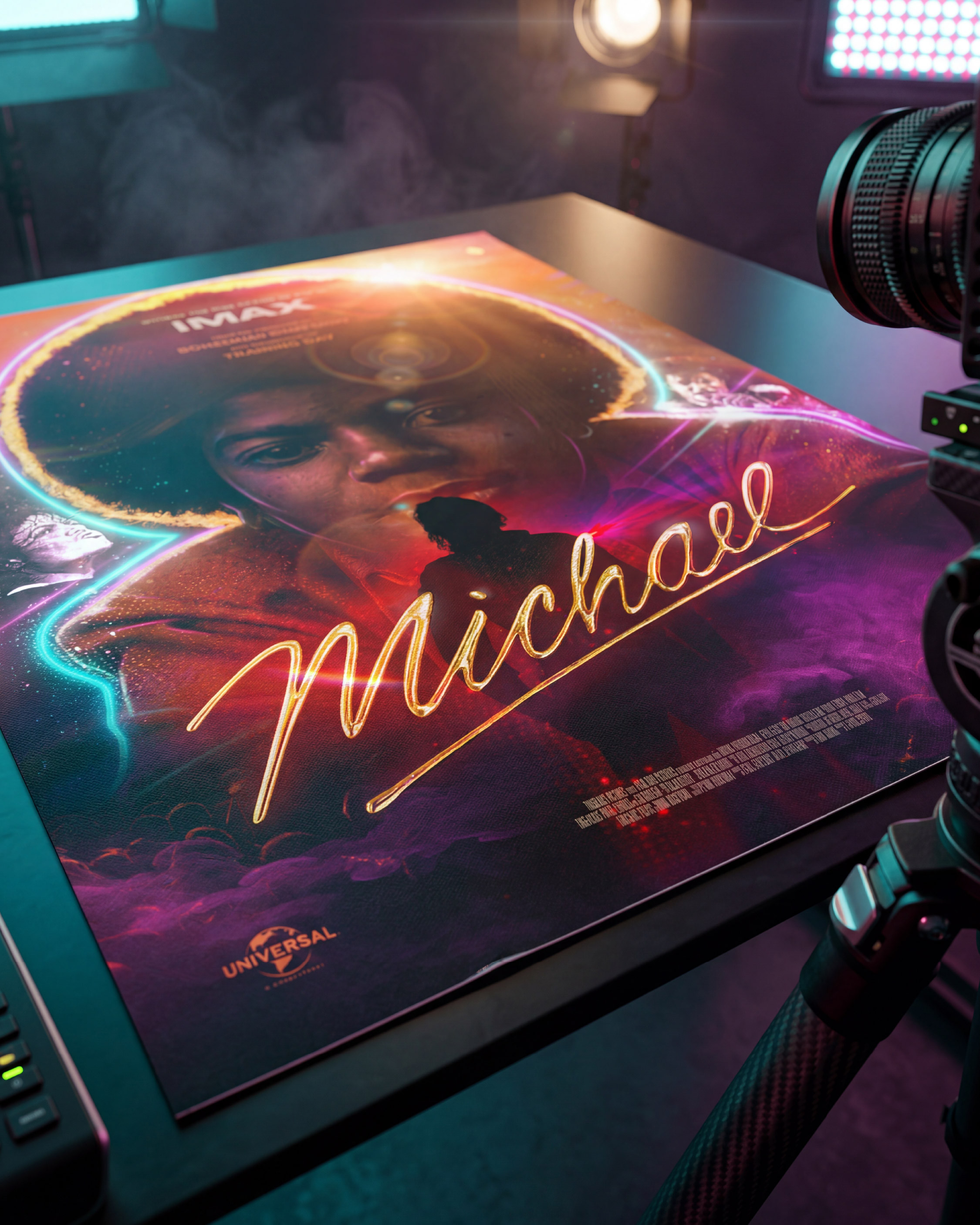 Behind-the-scenes campaign visualization showing the artwork within a theatrical production workspace