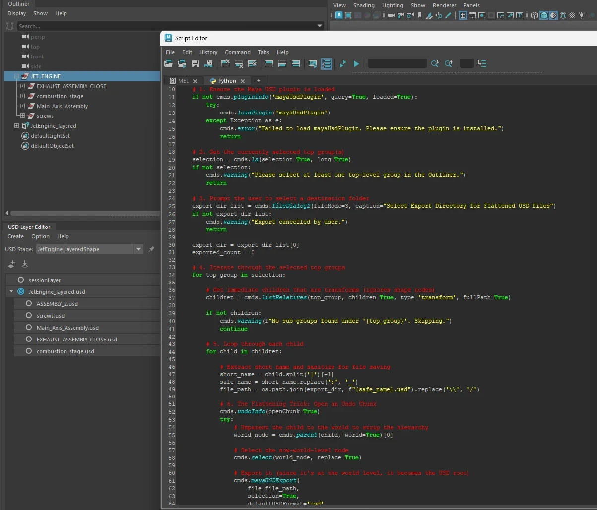 Usd has a very robust python api to automate exports as well. In this example a python script automatically exports a separate flattened usd for each child group of the parent and assembles an empty stage with the exported usd's as sub-layers.