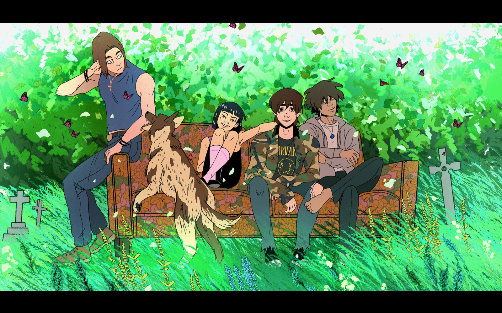 the main teenage cast sits on a couch in the overgrown cemetery, accompanied by Cookie the dog. 