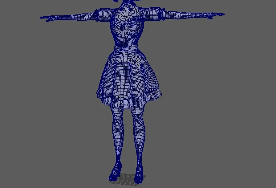 Full-body wireframe demonstrating optimized topology for both the character and clothing, ensuring smooth deformations during movement