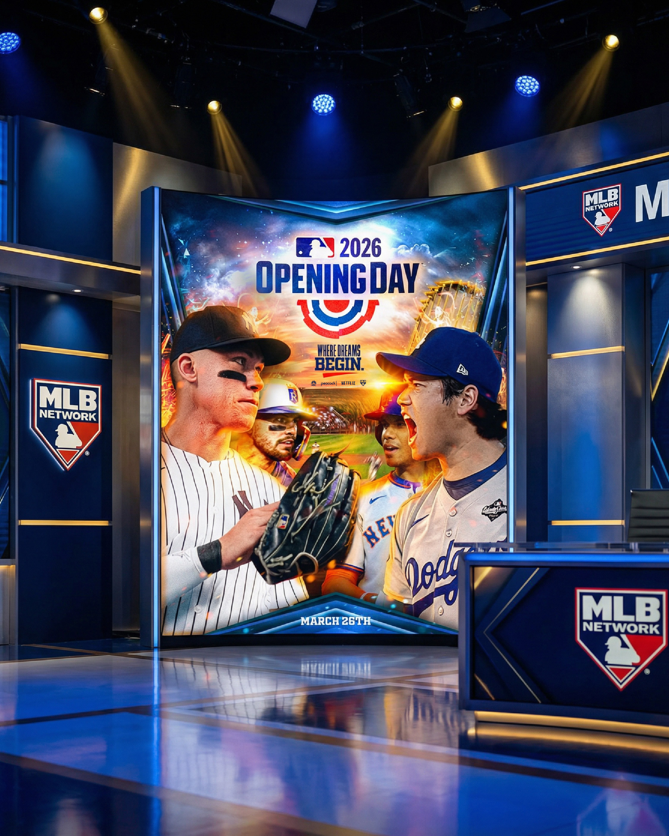 Opening Day artwork displayed within a national sports broadcast studio environment