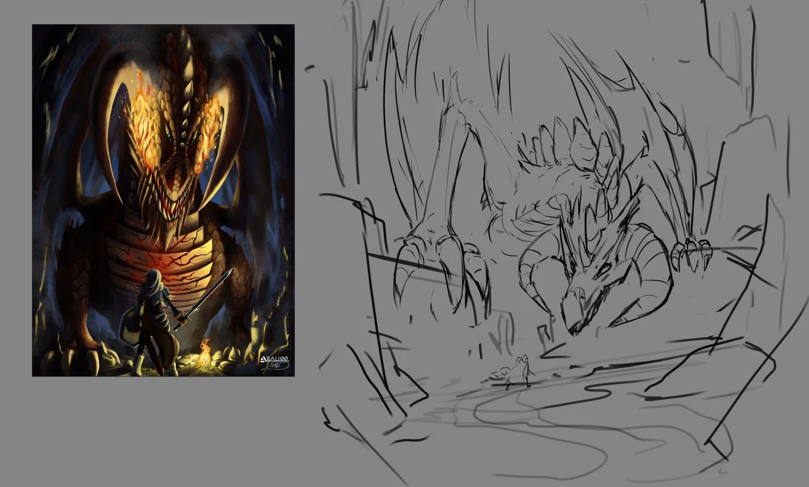 The first sketch was a remake of an piece i did back in 2021, ended up changing the Dragon to a Wyvern, but the idea is there haha